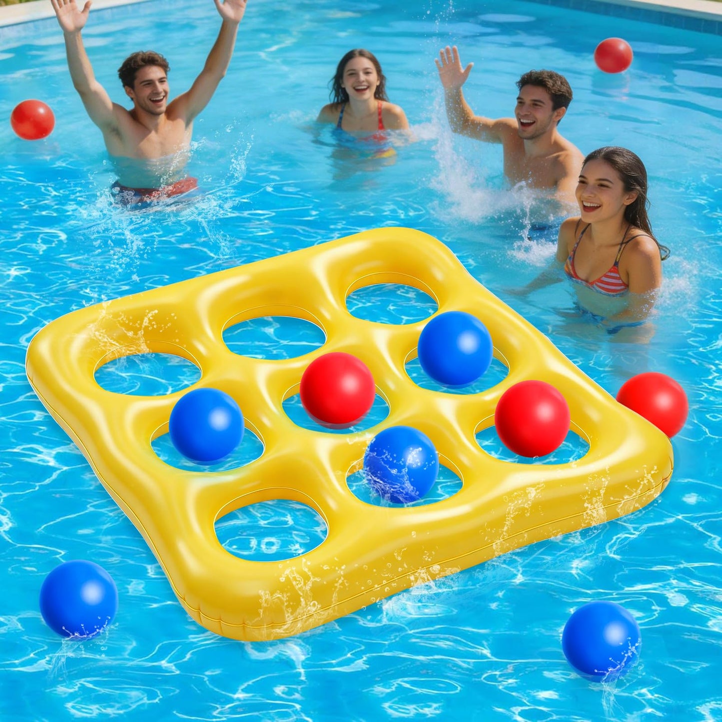 Inflatable Pool Toys Games Set - Tic-Tac-Toe Toss Game Floating Toy with 10 Balls, Outdoor Swimming Water Toys for Kids Adults