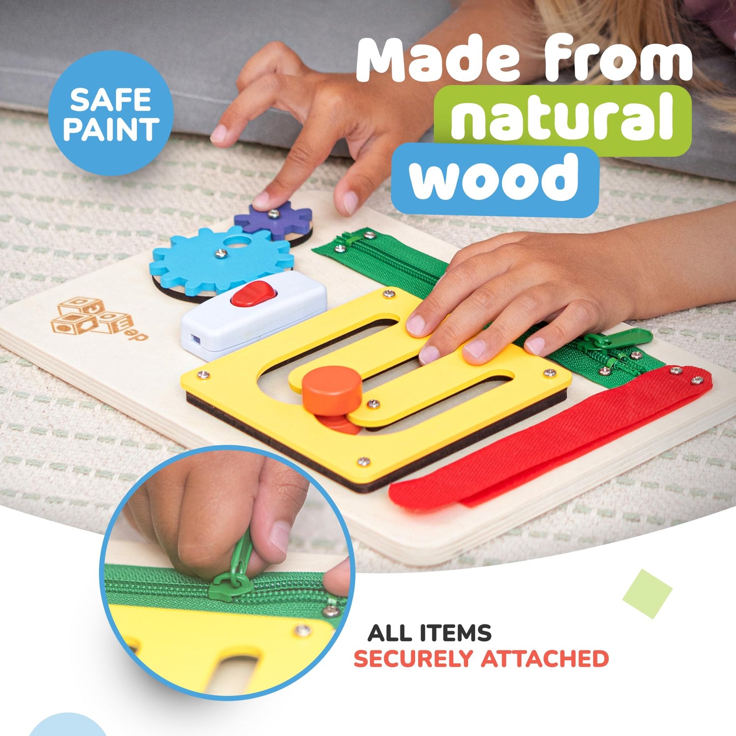 deMoca Sensory Busy Board for 1 Year Old, Travel Wooden Montessori Busy Board for Toddlers 1–3, Switch and Fidget Activity Board for Early Motor Skills and Travel Play