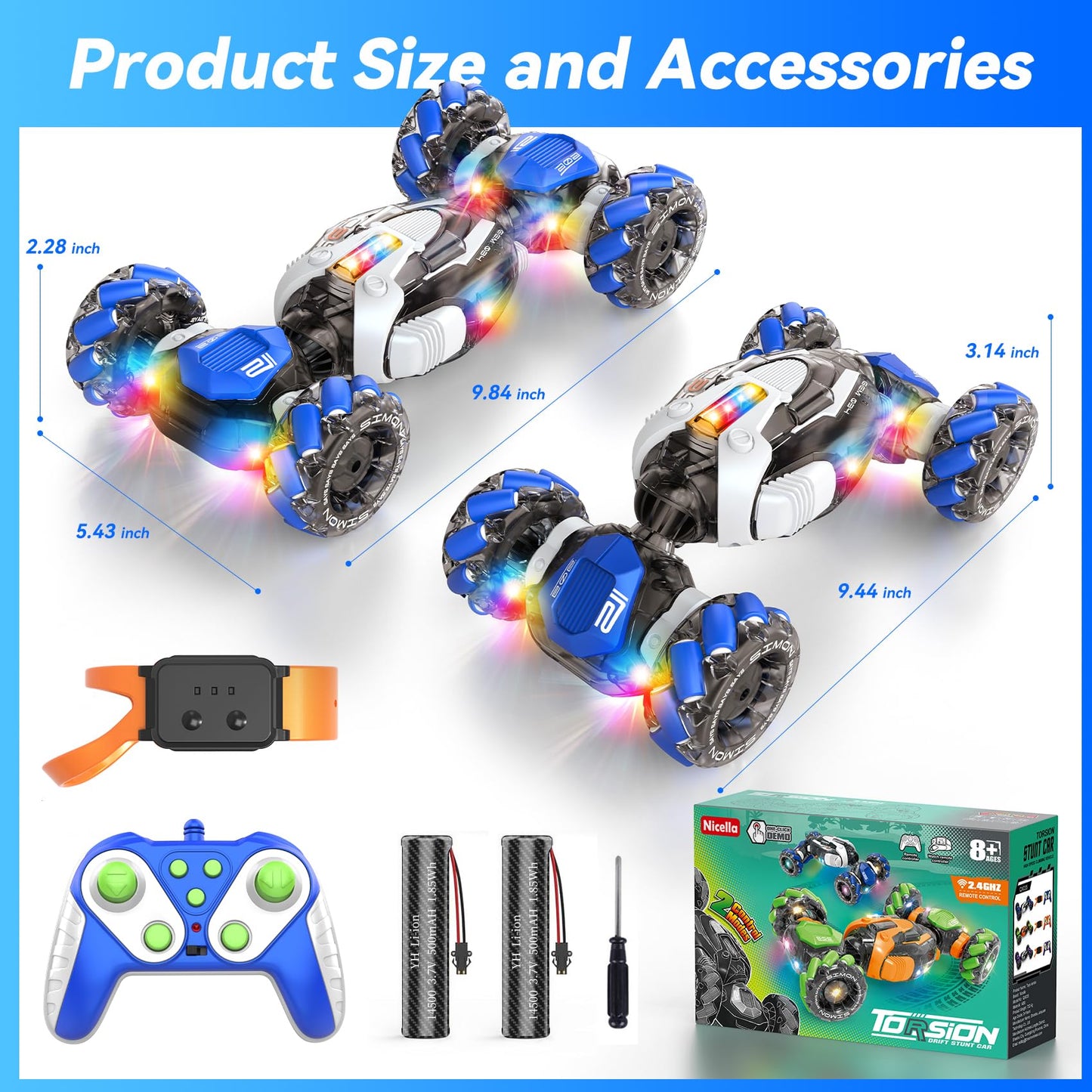 Nicella Remote Control Car, RC Toys Gifts for 6 7 8 9 10 11 12 Year Old Boys Girls - 360° Rotating 4WD Gesture Sensing RC Sunt Car with Lights & Music - Cool Birthday Gifts for Kids
