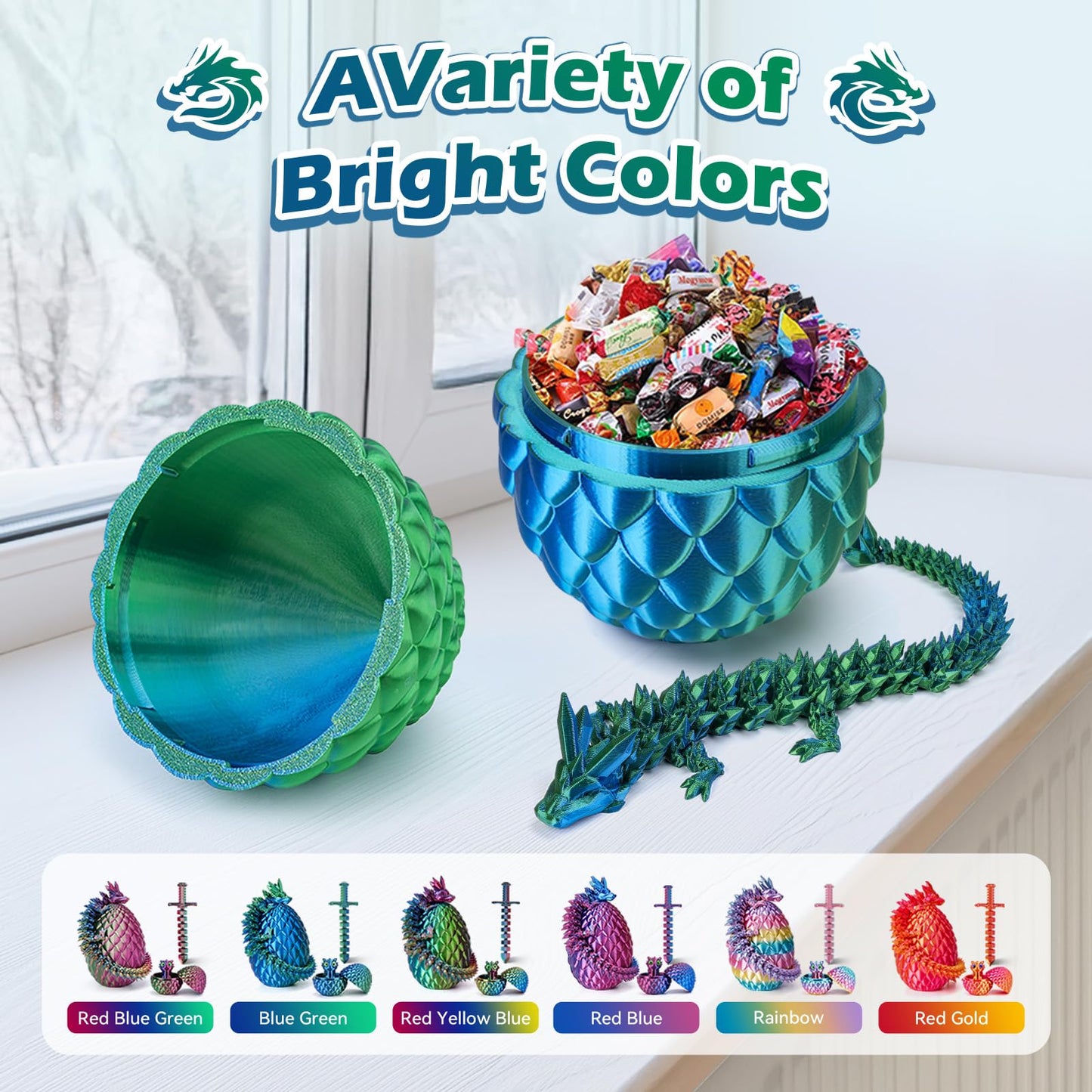 NIUCOO 12" 3D Printed Dragon Egg, Articulated 3D Printer Crystal Egg with Dragons Inside Toy, Surprise 3D Printed Animals Dragons Fidget Toys Party Favors for Kids Boys Girls