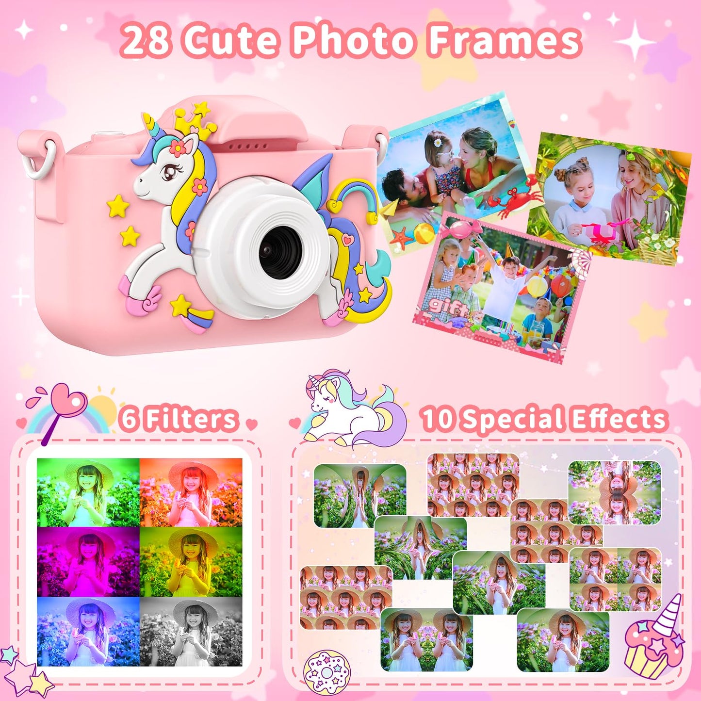 Pink Unicorn Kids Camera, Digital Camera for Toddler Boys Girls Children Selfie Camera Toy with 2 Inch Screen, 32GB Card for Age 3-12 Birthday (A Pink Unicorn)