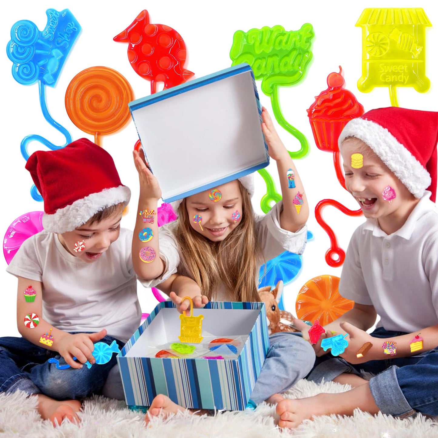 48PCS Candy Land Party Favors - 24PCS Temporary Tattoos & 24PCS Stick Hands Party - Perfect Birthday Party Supplies, Goodie Bag Stuffers, Treasure Box Toys, Classroom Prizes, and Student Gifts