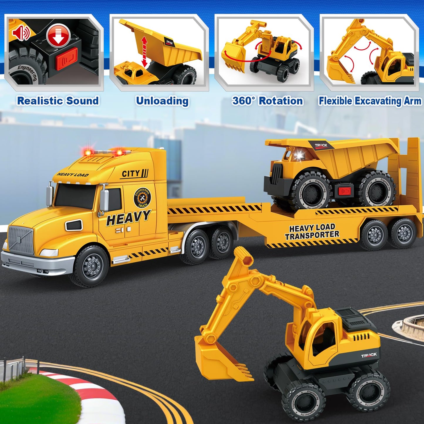 Bstoyder Toddler Boy Toys for 3 4 5 6 7 Years Kids, 27" Semi Construction Carrier Truck Toy with Excavator and Dump Truck, Friction Powered Toys with Lights and Sounds, Birthday for Boy Girls