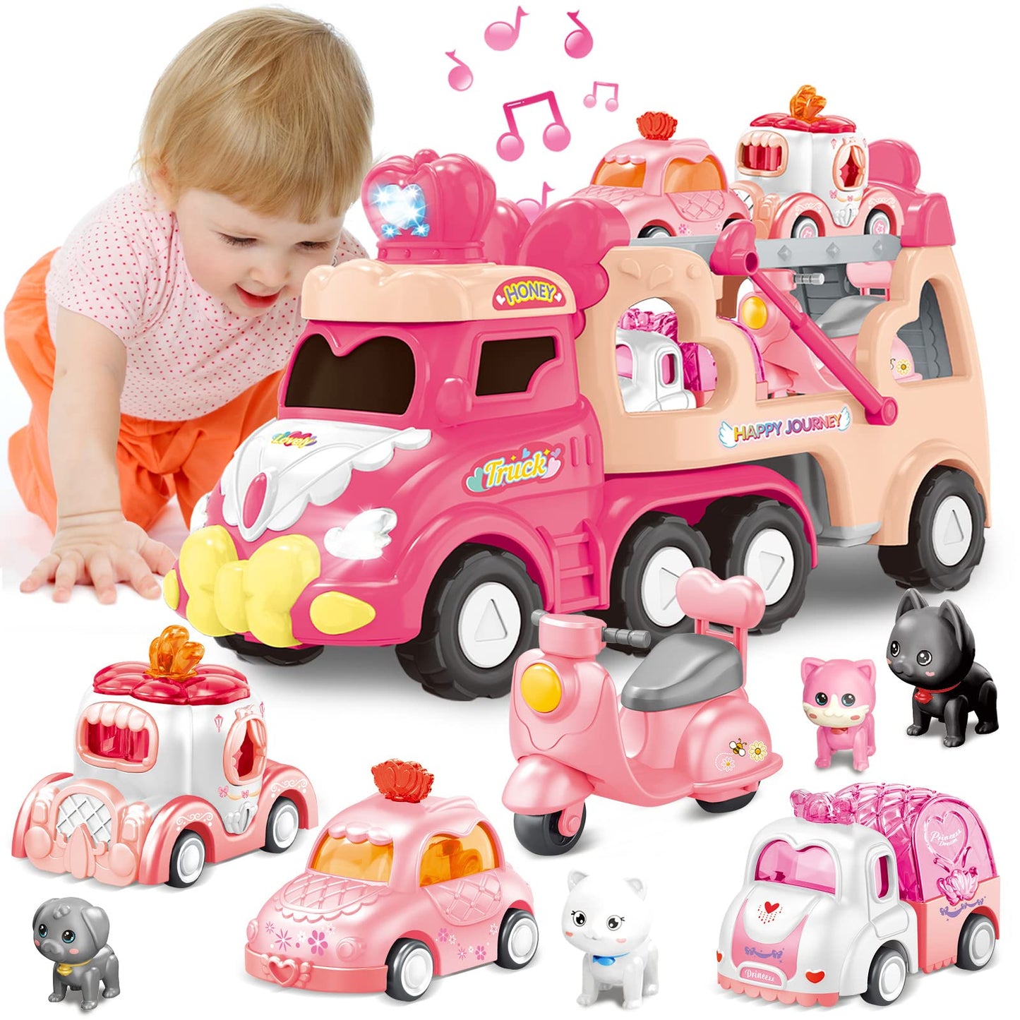 Seveclotree 9 in 1 Carrier Truck Cars Toys - Pink Princess Girl Car with Light and Sound - Toddler Toys Age 1-4