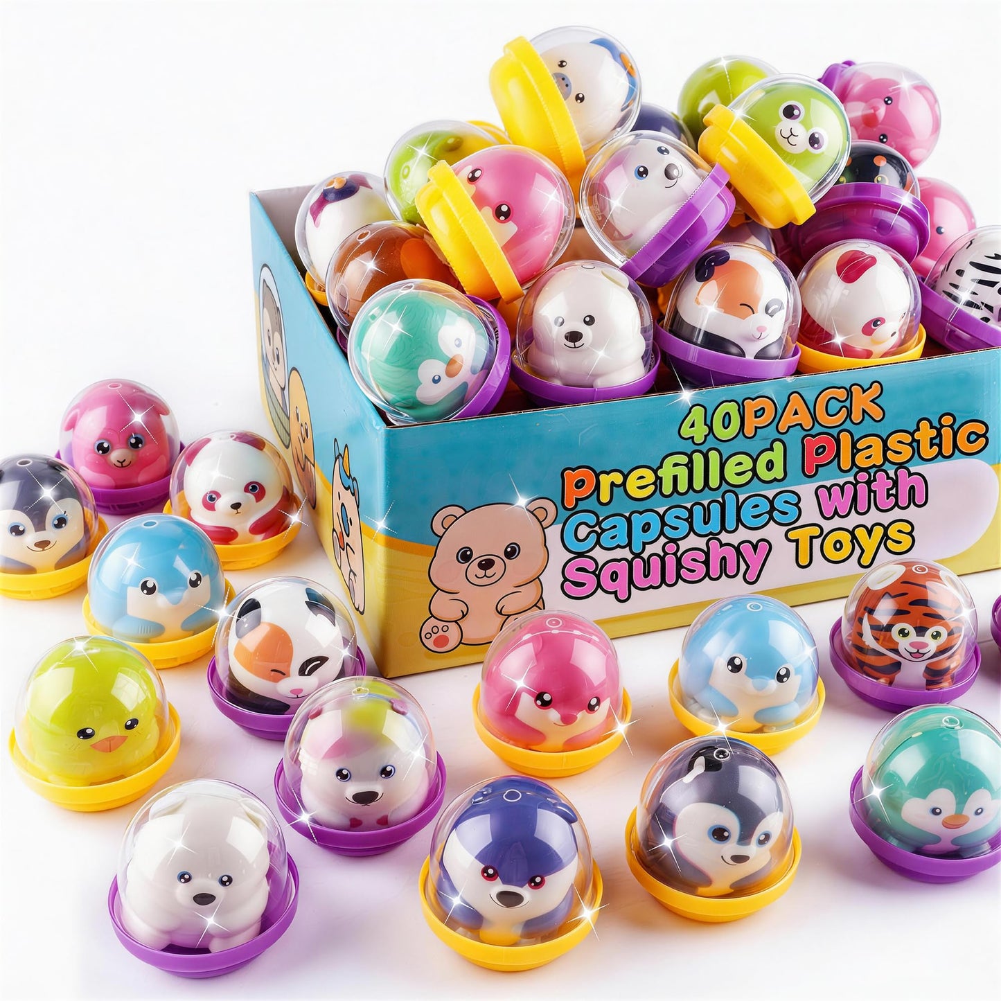 KissFree 40 PACK Slow Rising Squeeze Toys, 2 Inch Plastic Capsules Filled with Squishies, Party Favors for Kids 4-12, Goodie Bags Stuffers, Birthday Gifts, Classroom Prizes