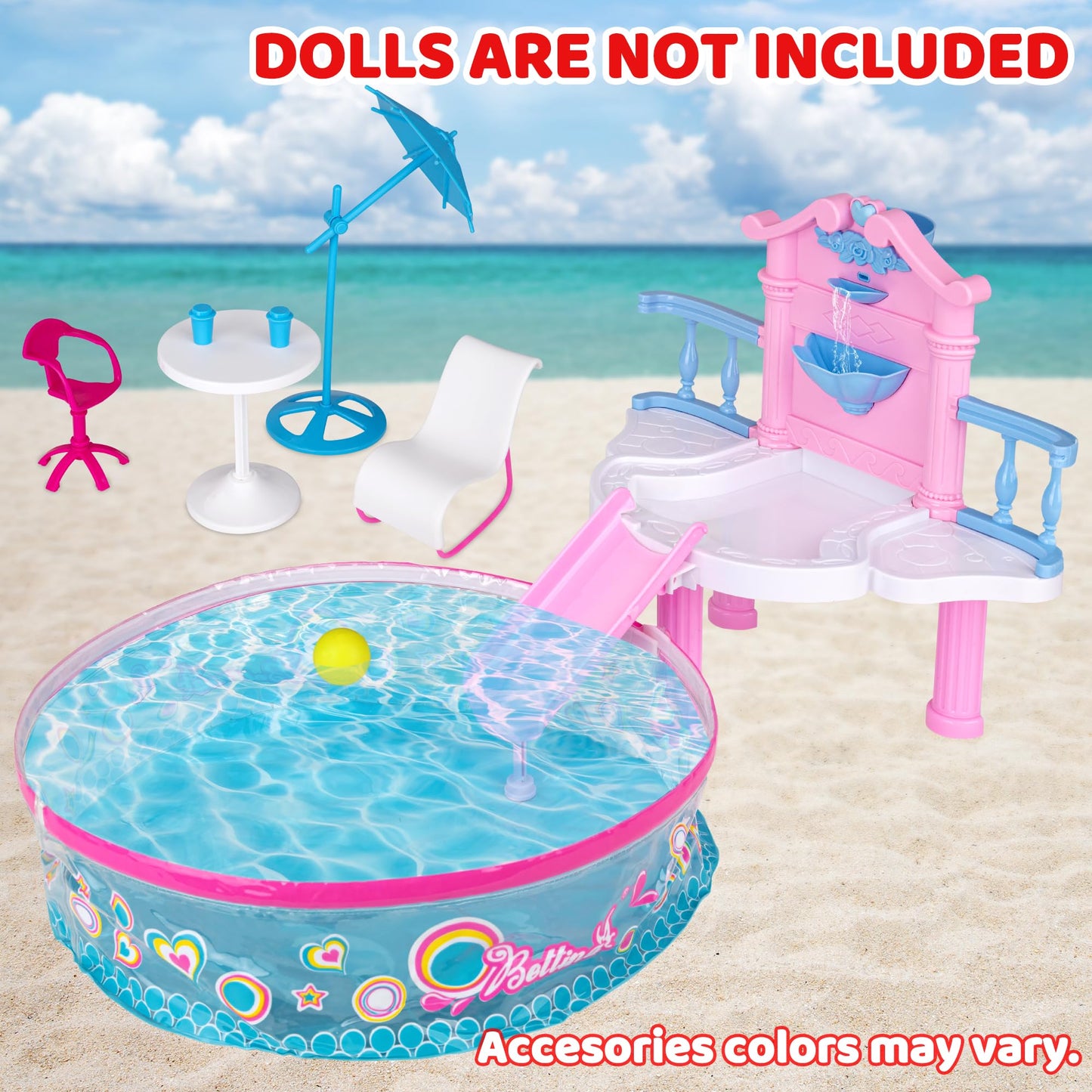 Glam Deluxe Doll Pool Playset with 7 Pcs Accessories, Fits 12 Inch Dolls, Kids Gifts for 3 to 8 Year Olds Girls, Bath Toys for Toddlers, Birthday & Xmas Gift for Girls & Kids Aged 3+