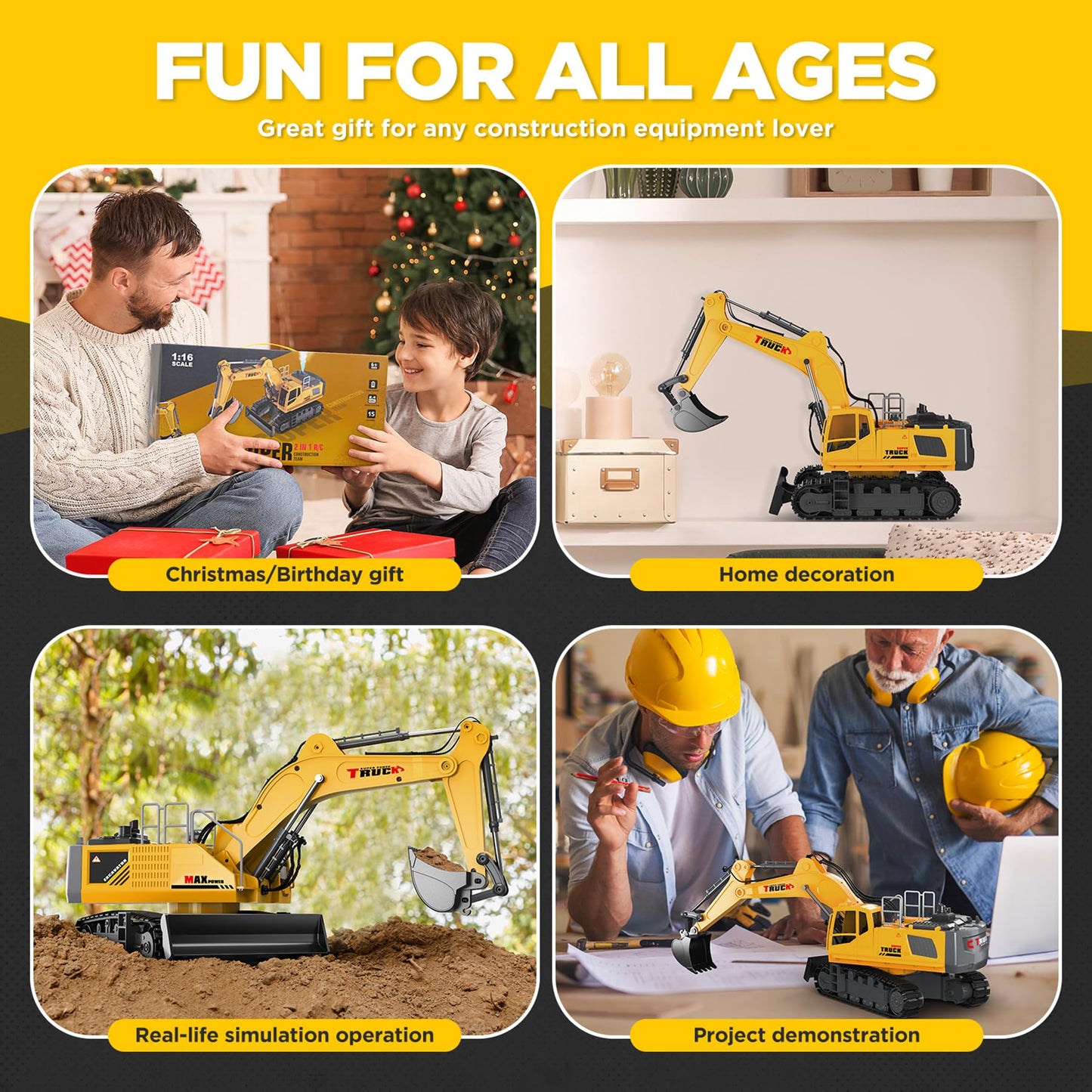 KIDMARKT 21" Large Remote Control Excavator Toy with Metal Bucket & Dozer Blade, 15-Channel RC Excavator Toys for Boys 6+ Kids Adults Construction Vehicles Birthday Gift, 120+Mins/Spray/Sound/Light