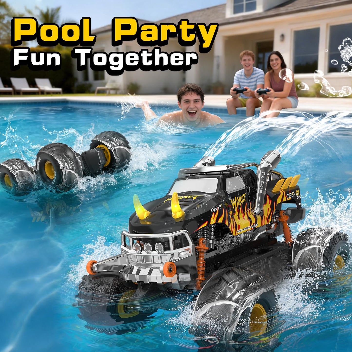 Amphibious 1:16 Waterproof Monster Truck Toys RC Car Water Blaster Trucks 60+ Min Runtime with 2 Batteries 360 Spin 4WD All Terrain Off-Road Pickup rc car Toy 5-12 Year Old Kids Gifts Children's Day