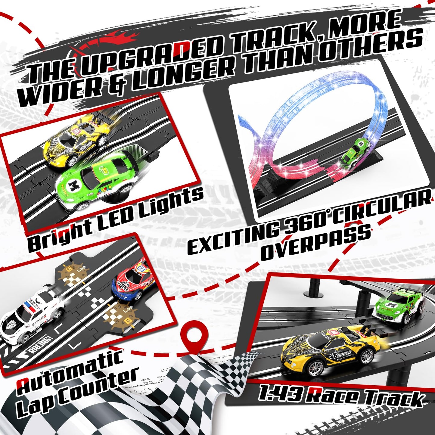 3 IN 1 Slot Car Race Track Sets with 4 High Speed Slot Cars, Electric Race Car Track Include Circular Overpass Flash Tracks, 1:43 Remote Control Track Car Game Toys Gifts for Adults Boys Ages 6 7 8-12