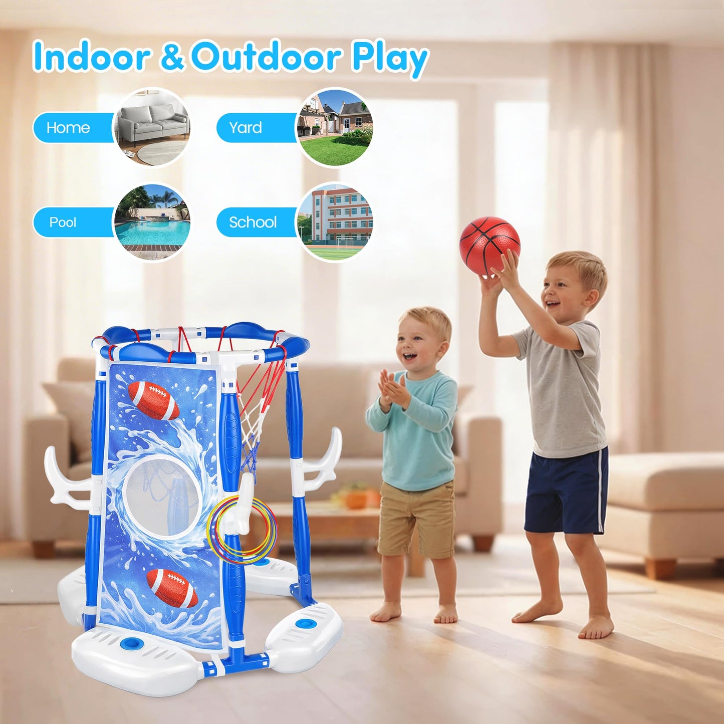 PJG Pool Basketball Hoop, 3-in-1 Floating Poolside Basketball Ring Game Football for Kids Ages 3-12, Outdoor Summer Swimming Pool Party Water Toy for Family Adults Boys Grils Birthday Gift (Blue)