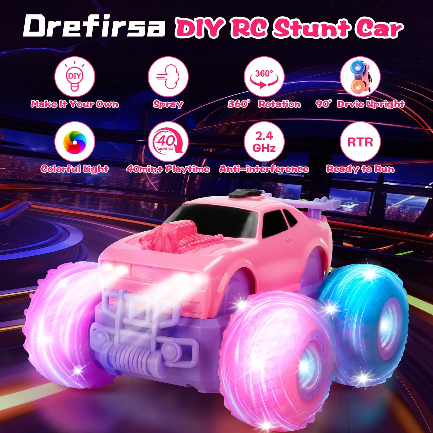 Drefirsa Princess Remote Control Car for Girl, Pink Monster Truck with DIY Sticker, Headlight, Colorful Wheel Light, Rotation, Spin and Spray, Toy Car for Girl 3 4 5 6 7 8 Year Old Birthday Gift