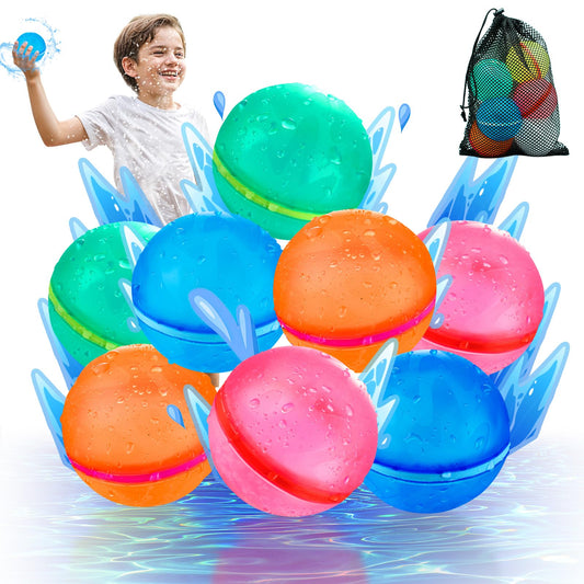 WABALLO 8 Pcs Reusable Water Bomb with Mesh Bag, Magnetic Self Sealing Water Splash Ball Quick Fill, Outdoor Pool Beach Toys for Kids Ages 3-12