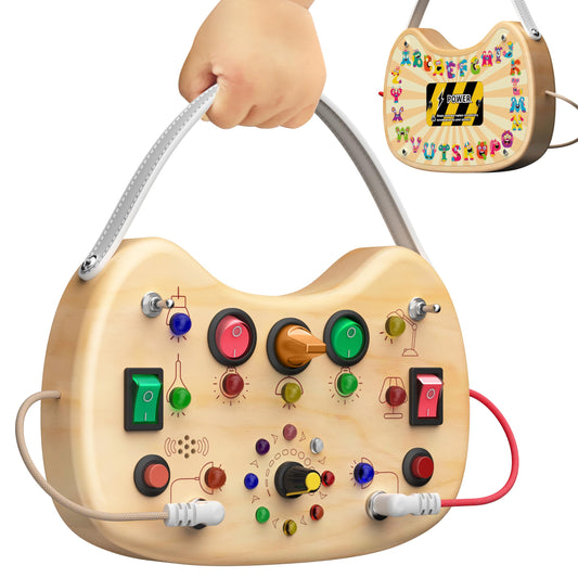 flycoost Busy Board with LED Light Switches,Toddlers Montessori Educational Toys for 1 2 3 Years Olds,Wooden Autism Activity Baby Busy Board,Sensory Travel Toys 1+ Year Old Boy&Girl Birthday Gift