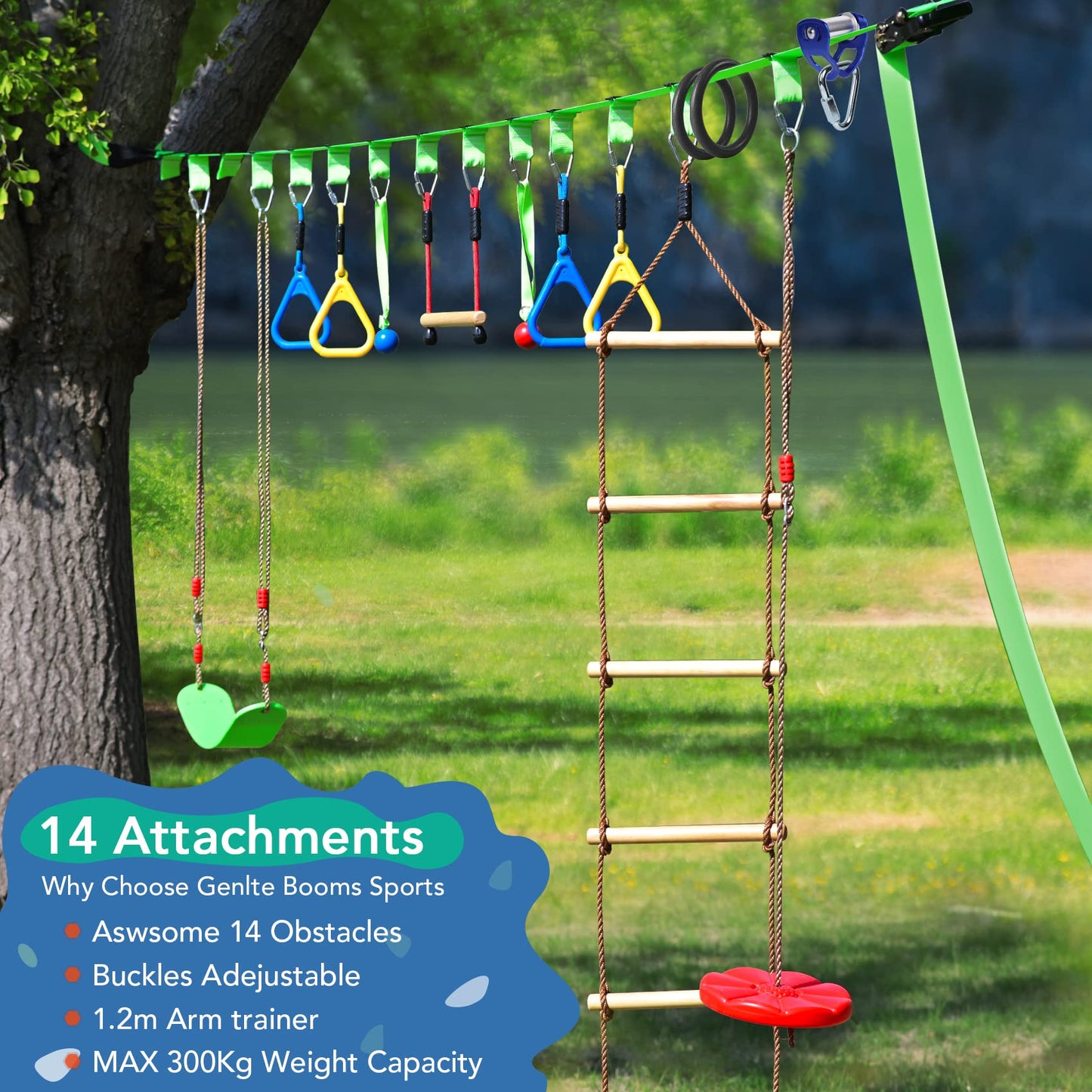 2-in-1 Ninja Warrior Obstacle Course with Zip Line for Kids & Adults, Transformable Backyard Slackline Kit, Outdoor Play Set with Swing, Climbing Obstacles & Flying Seat, Easy Setup, Heavy Duty