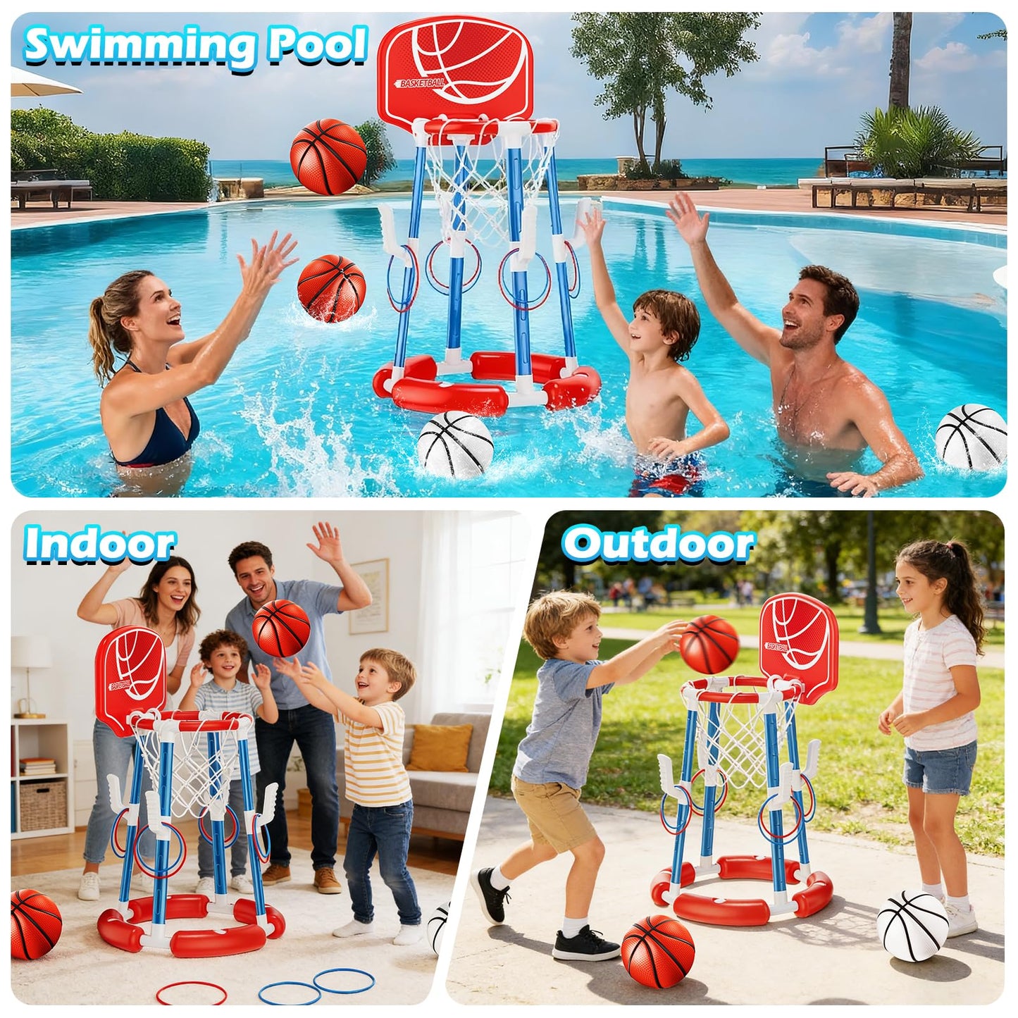 Pool Basketball Hoop with Backboard, Floating Pool Toys for 3-12 Years Old Kids Ring Game with 4 Balls 8 Rings & Pump Outdoor Swimming Pool Basketball Games Water Play Toy Family Party for Kids Adults