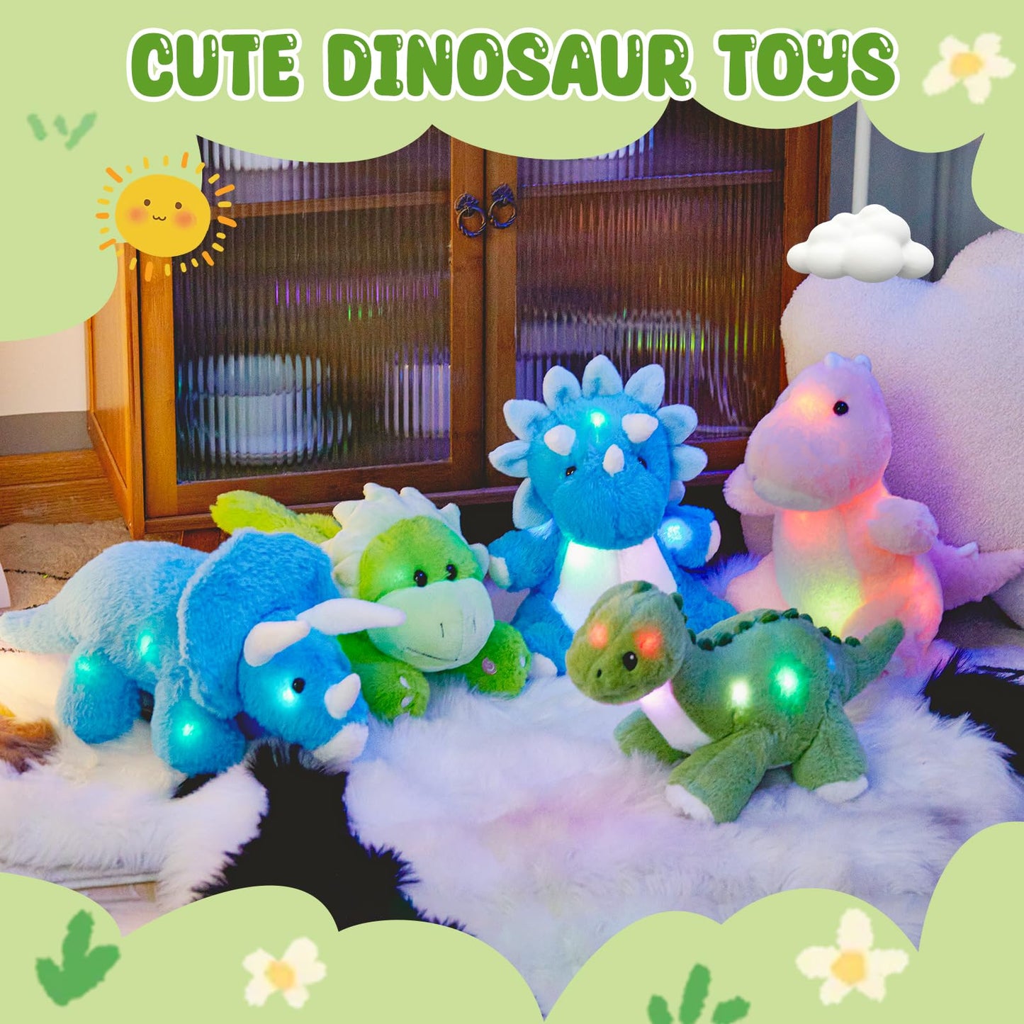 Glow Guards 16'' Light up Dinosaur Stuffed Animal,LED Soft Dinosaur Plush Toy with Magic Night Lights&Lullaby,Birthday Children's Day for Toddler Kids (Green, Music)