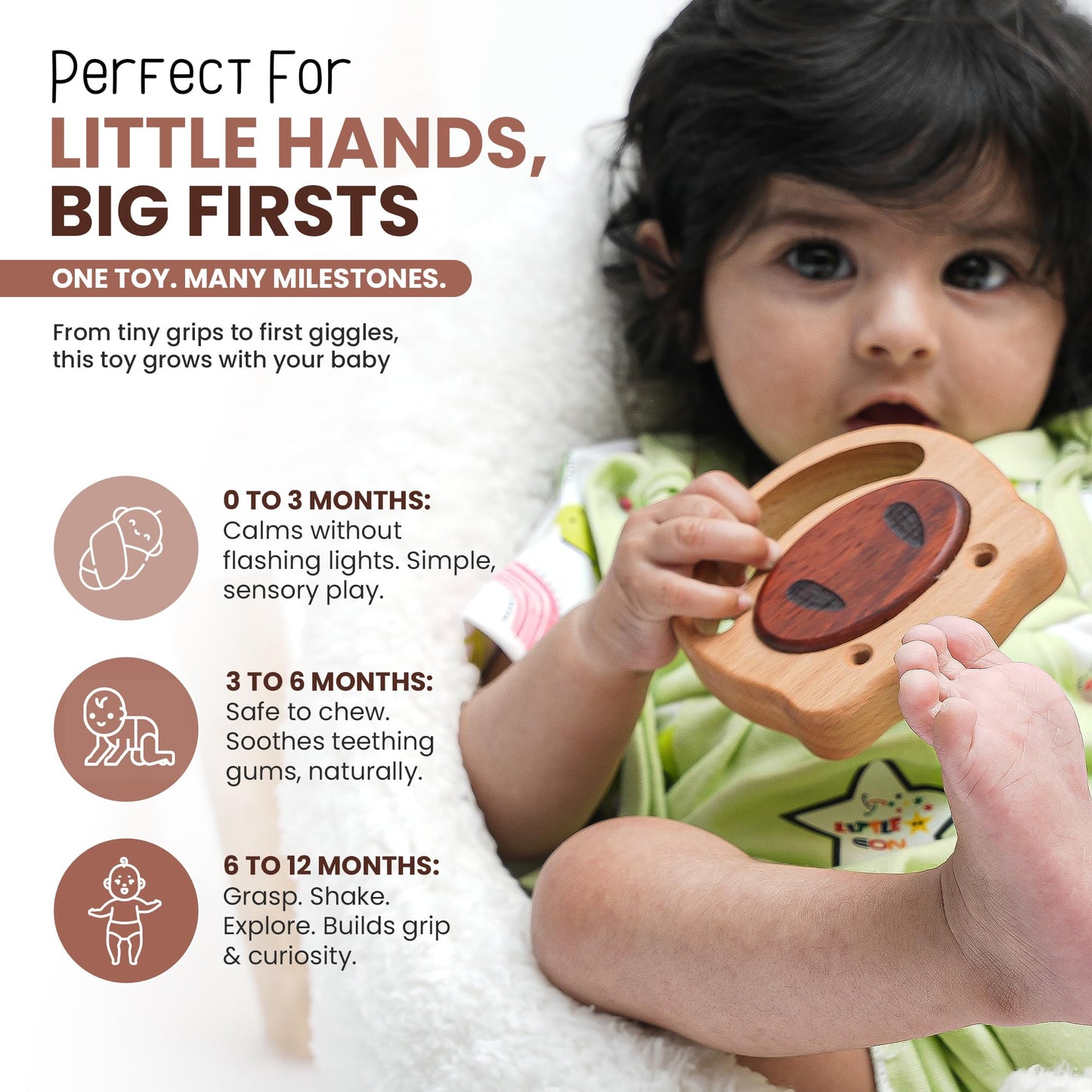 First Baby Rattle for Newborn (0–3 Months) – Natural Wooden Sensory Toy for Babies – Gentle Rattle Sound, Safe First Handheld Infant Toy Gift