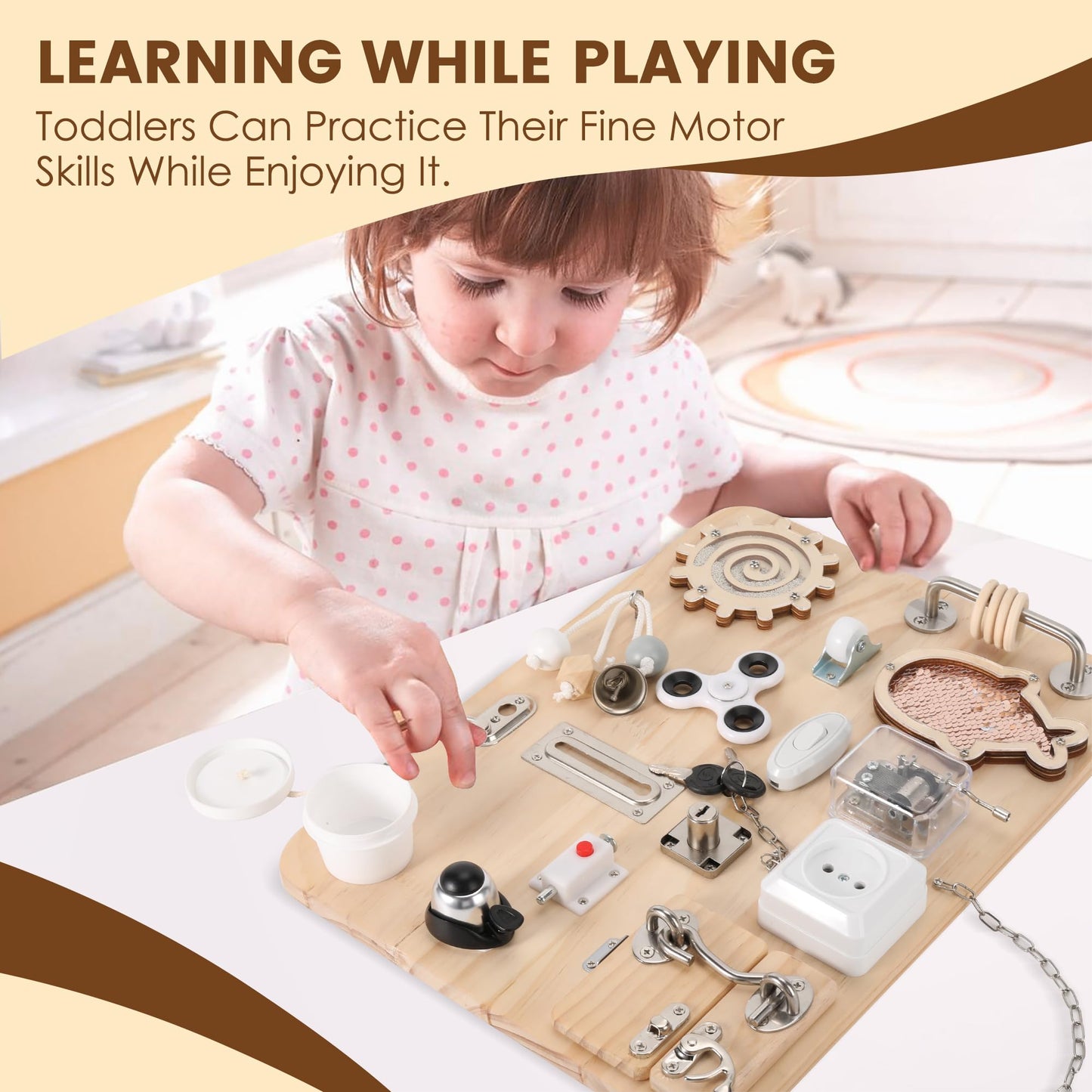 Pithfor Wooden Montessori Busy Board, Montessori Sensory Activity Board Toys for Kids Toddler Baby Boys Girls, for Autism & ADHD Motor Skills