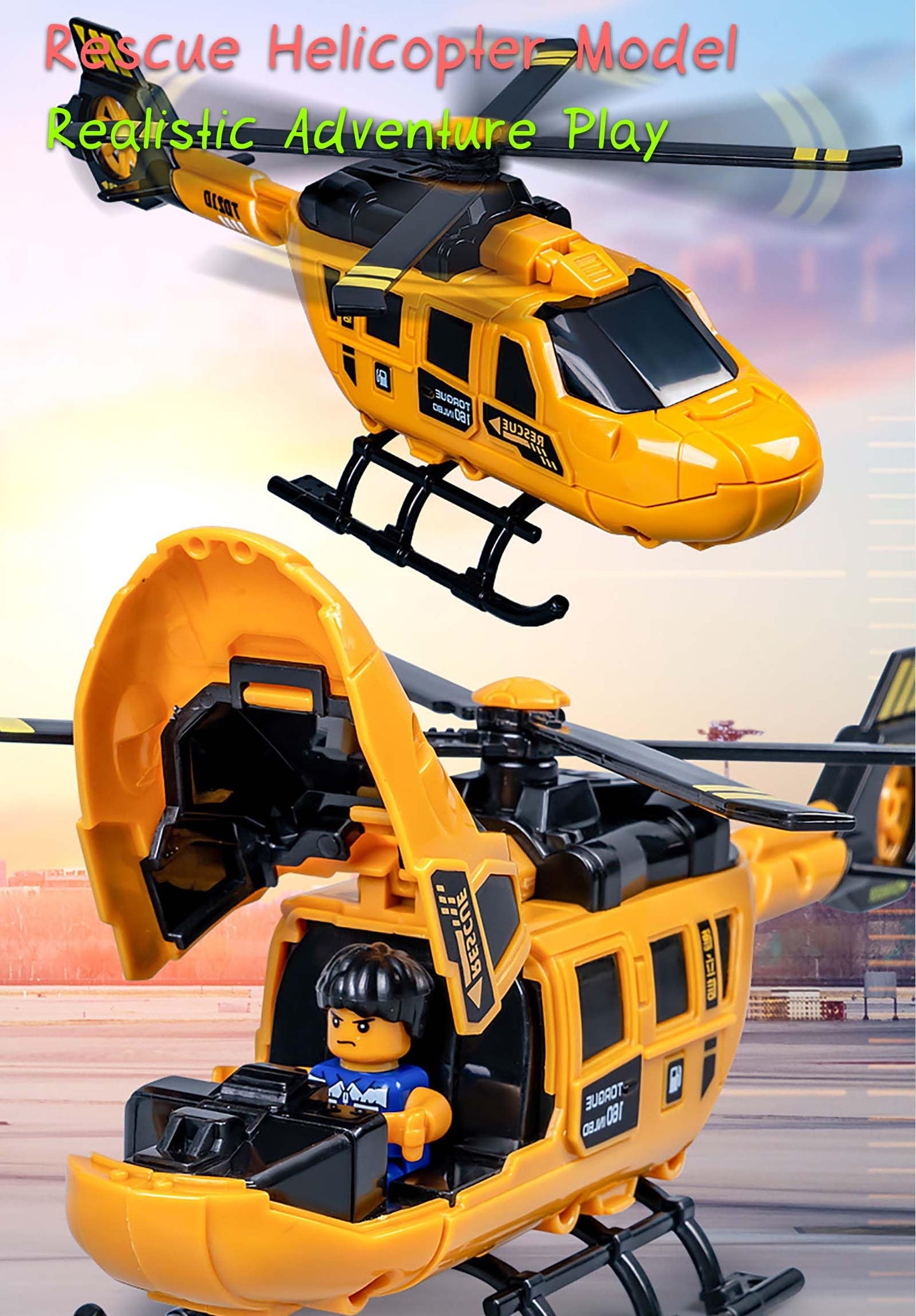 Rinnland Rescue Helicotper Toy for Kids with Wind-up Propellers, 1 DIY Pilot Figure Included – Cockpit Door Can Open