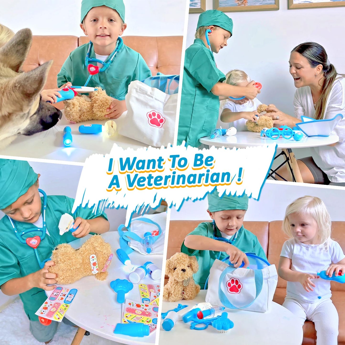 Liberry Doctor Kit for Toddlers 3 4 5 6 Years Old, 28 Pcs Kids Doctor Playset with Dog Toy, Stethoscope and Dress Up Costume, Pretend Play Medical Christmas Gift for Boys Girls (Blue)
