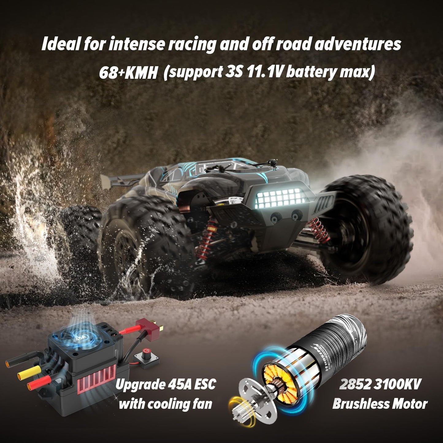 Hosim 1/10 Off Road RC Cars Fast 68KM/H, Electric RTR Brushless RC Car for Adults, High Speed Monster Truck Hobby Remote Control Car, Waterproof RC Truck 4x4 All Terrain Buggy Toy Gift for Age 8+