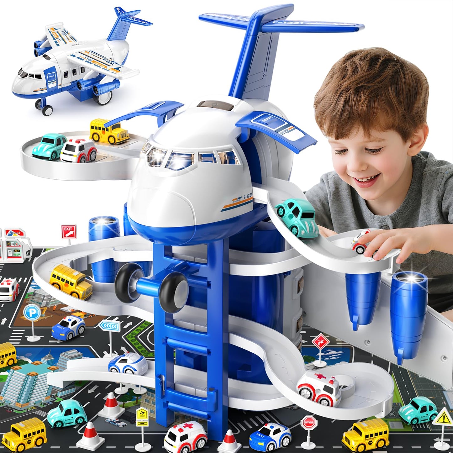 MSKOLER Airplane Toys for Toddlers 2-4 - Boy Toy Car Race Tracks for Kids Ages 3-5 with 8 Small Car Toys, Toddlers Educational Toy, Birthday Gifts for Boys 3-5