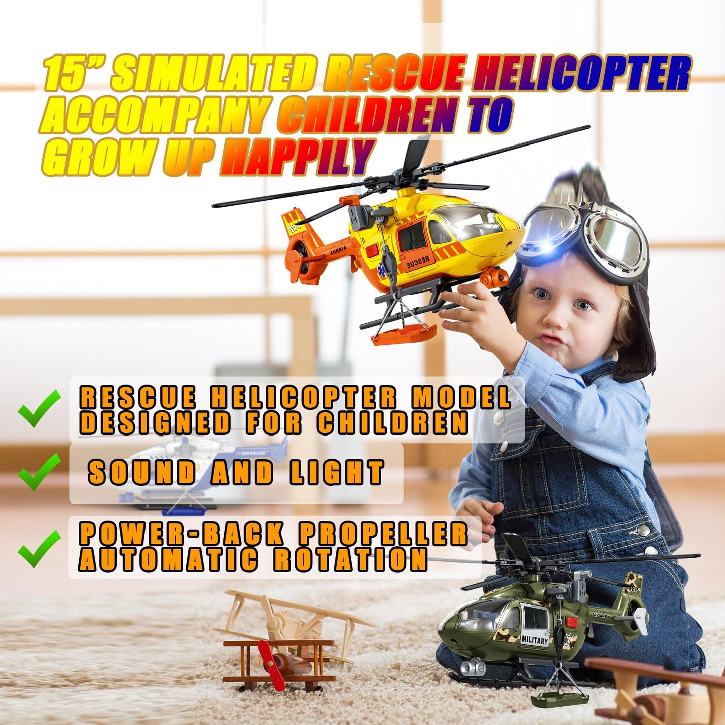 ANJARU Helicopter Toy with Lights and Sound,Simulative Rescue Helicopter Toddler Kids Toys for Kids Aged 3 4 5 6 Pull-Back Propeller Army Toys Toddler Kids Boys Gifts (Rescue Helicopter)