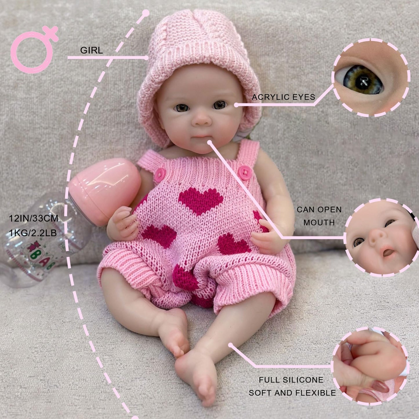 Gileutay 12 inch Full Silicone Reborn Baby Doll Girl Lifelike Newborn Dolls Open Mouth Real Life Baby Dolls with Feeding Accessories