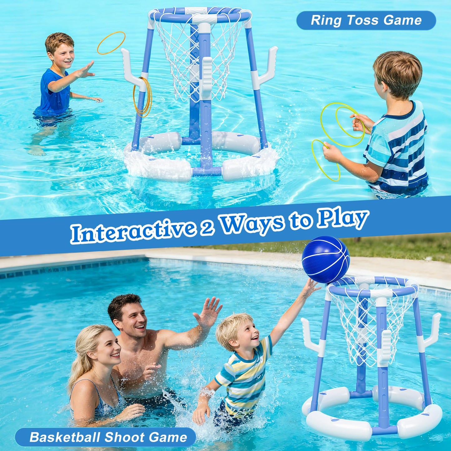 Pool Basketball Hoop&Ring Toss Game 2-in-1 Floating Pool Toy with 4 Balls 8 Rings&Pump,Outdoor Swimming Basketball Party Games Water Play Toy Anti-Tip Stable Base Summer Gift for Kid 4-8 8-12& Adult