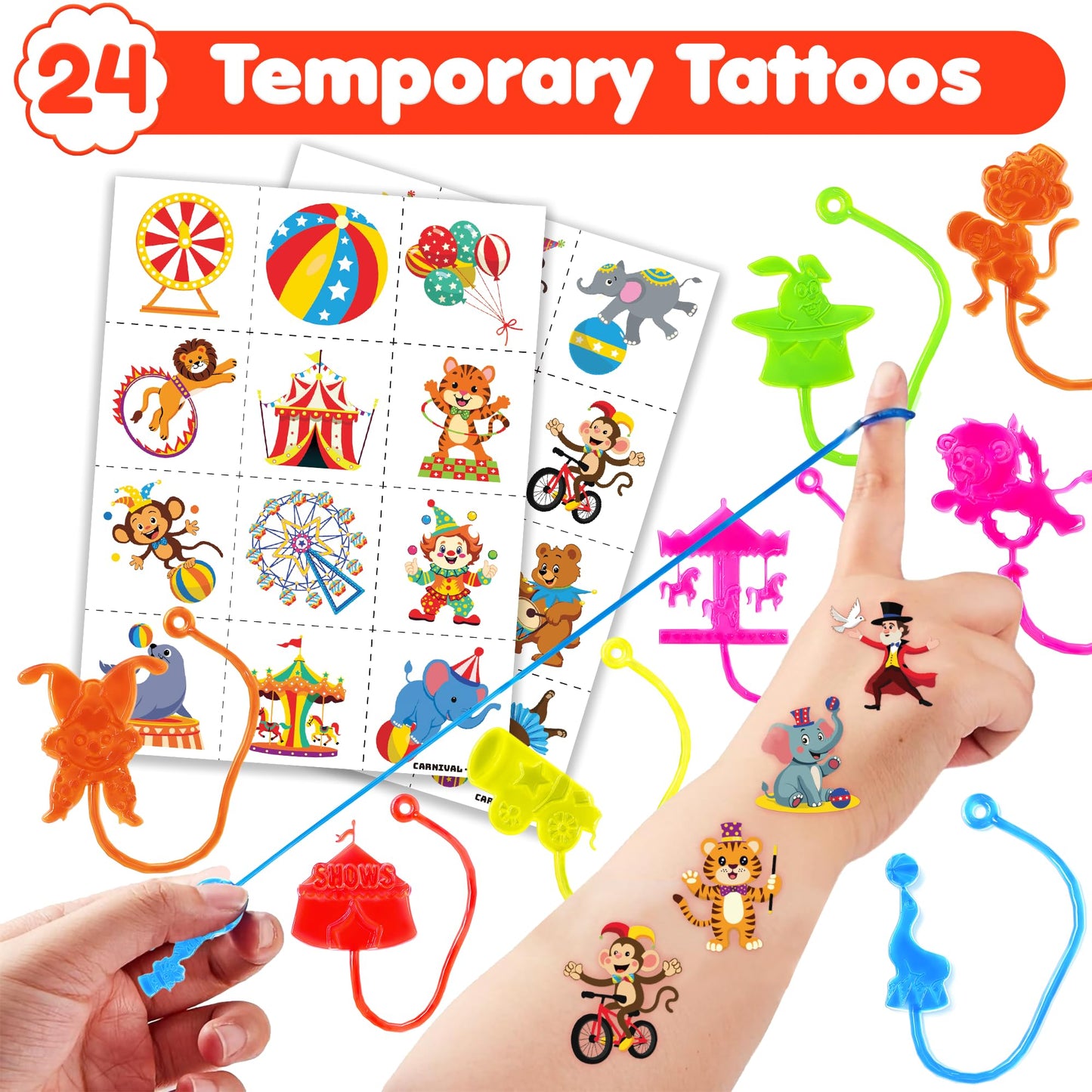 48PCS Carnival Party Favors - 24PCS Temporary Tattoos & 24PCS Stick Hands Party - Perfect Birthday Party Supplies, Goodie Bag Stuffers, Treasure Box Toys, Classroom Prizes, and Student Gifts
