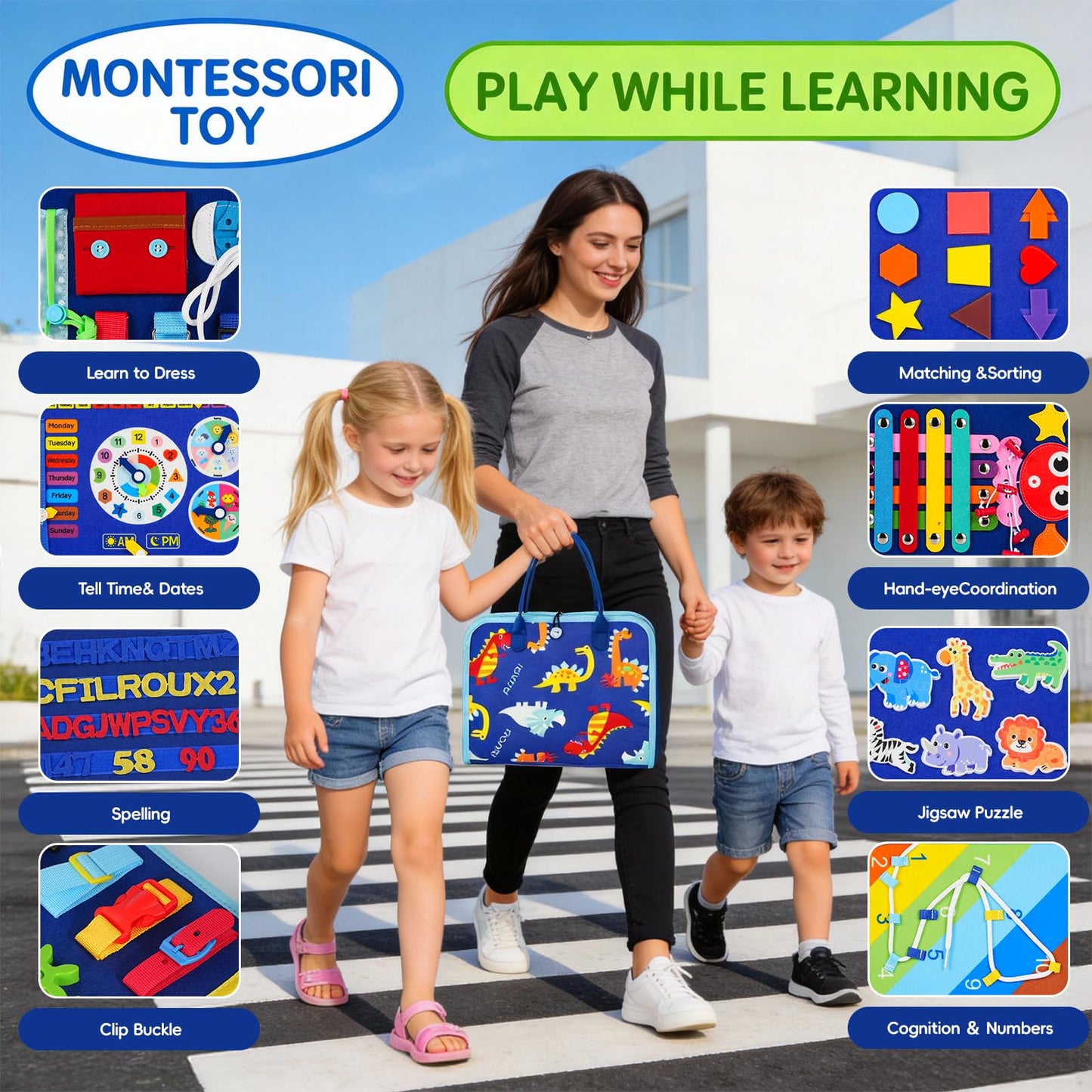 GiggleCraft Montessori Busy Board for Toddlers – Sensory Busy Book with Buckles, Zippers, Letters, Animals, Toddler Activities – Fine Motor Skills Development Learning for Boys Girls Travel Activity
