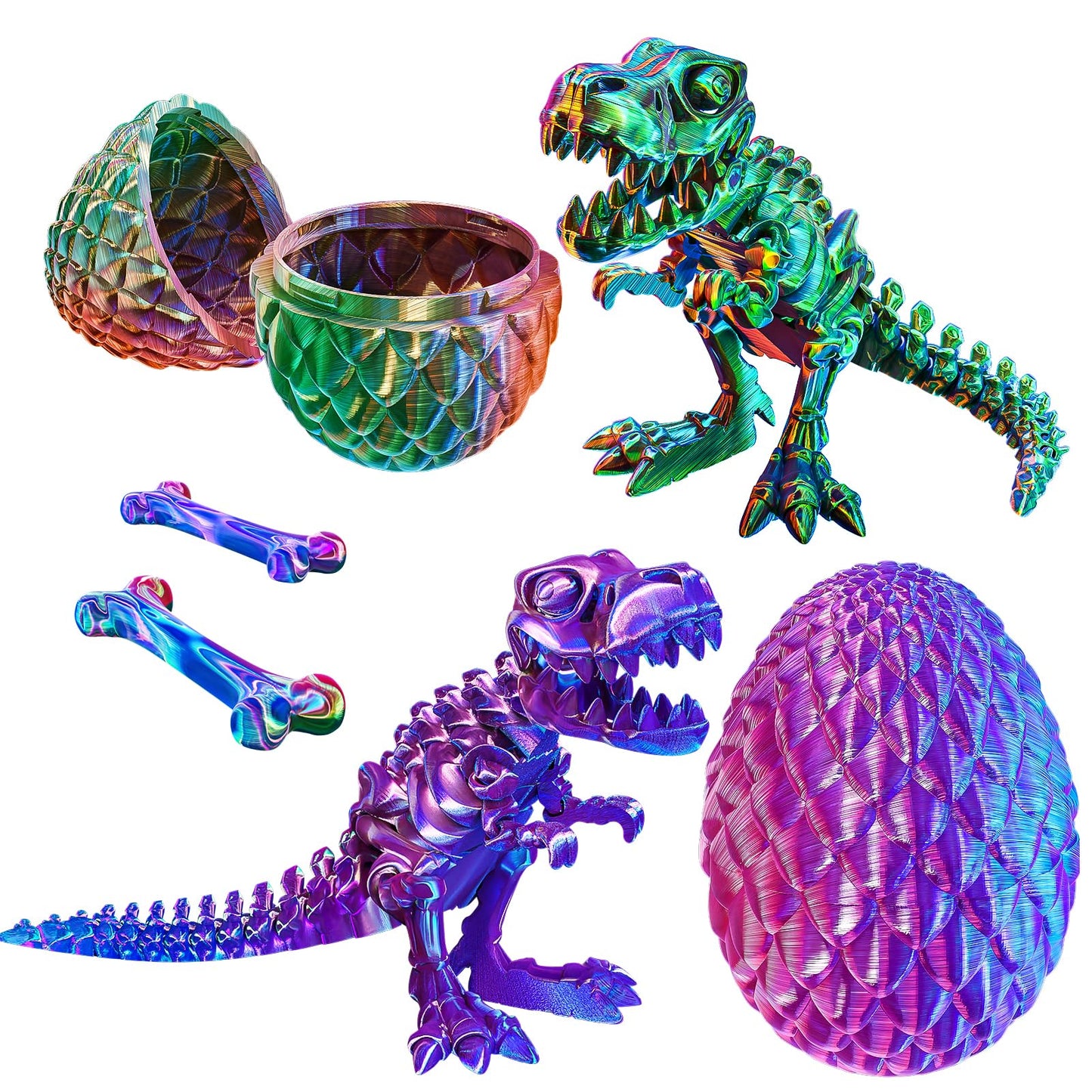 2 Packs Easter 3D Printed Dinosaur Toys for Boys 3-5 Years Skeleton T-Rex Figure with Large Storage Crystal Eggs Easter and Birthday Gifts Fidget Toys for 3 4 5 6 7 8 9 10 11 12 Years Old Boys Girls