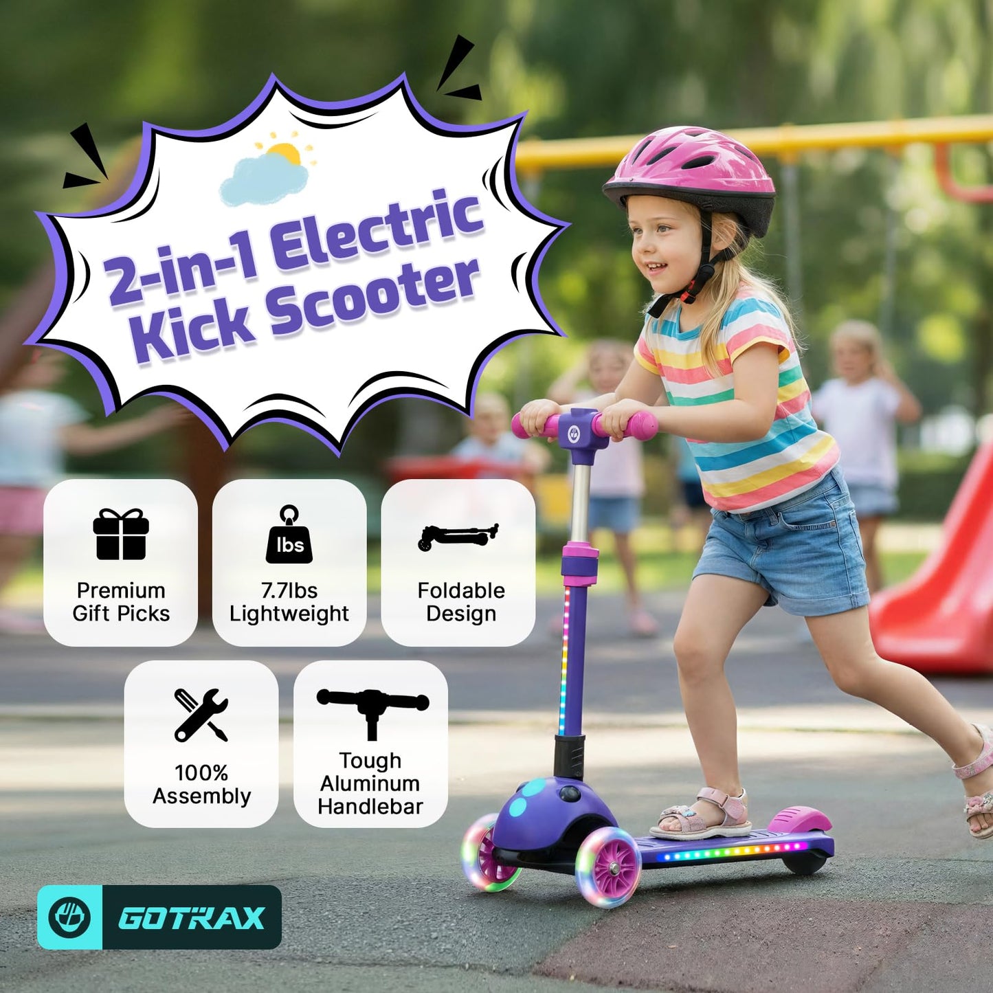 Gotrax SK1 Foldable Electric Scooter for Kids 4+, Full Body LED Light, 90min Riding & 5Mph Speed, Push-Button Throttle&Battery Indicator, 6'' Wheel&3 Adjustable Height, 3 Wheel Escooter, Gift, Purple