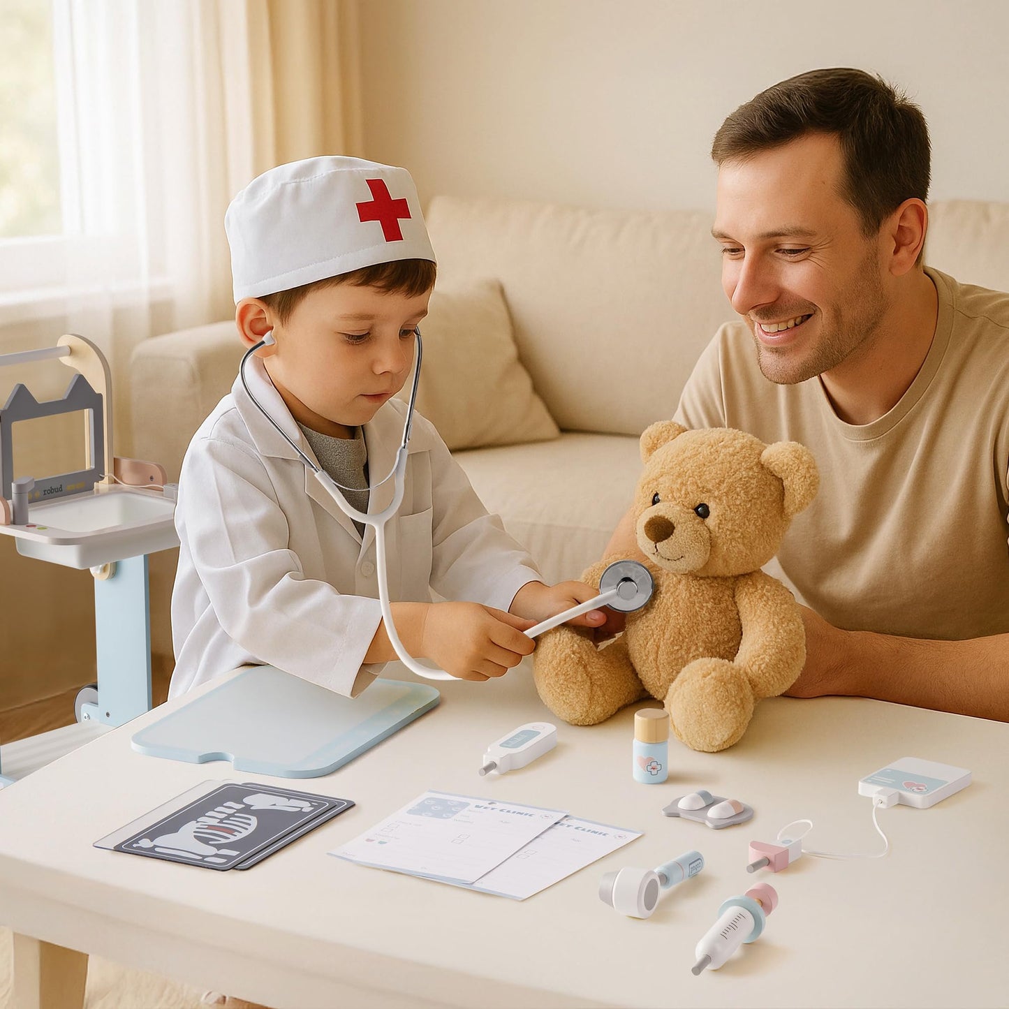 ROBUD Toddler Doctor Play Set, Complete Doctor Kit for Kids with Adjustable Height and Medical Tools, Wooden Pretend Play Pet Doctor Cart for Kids Aged 3+, Vet Kit for Imaginative Role Play Fun