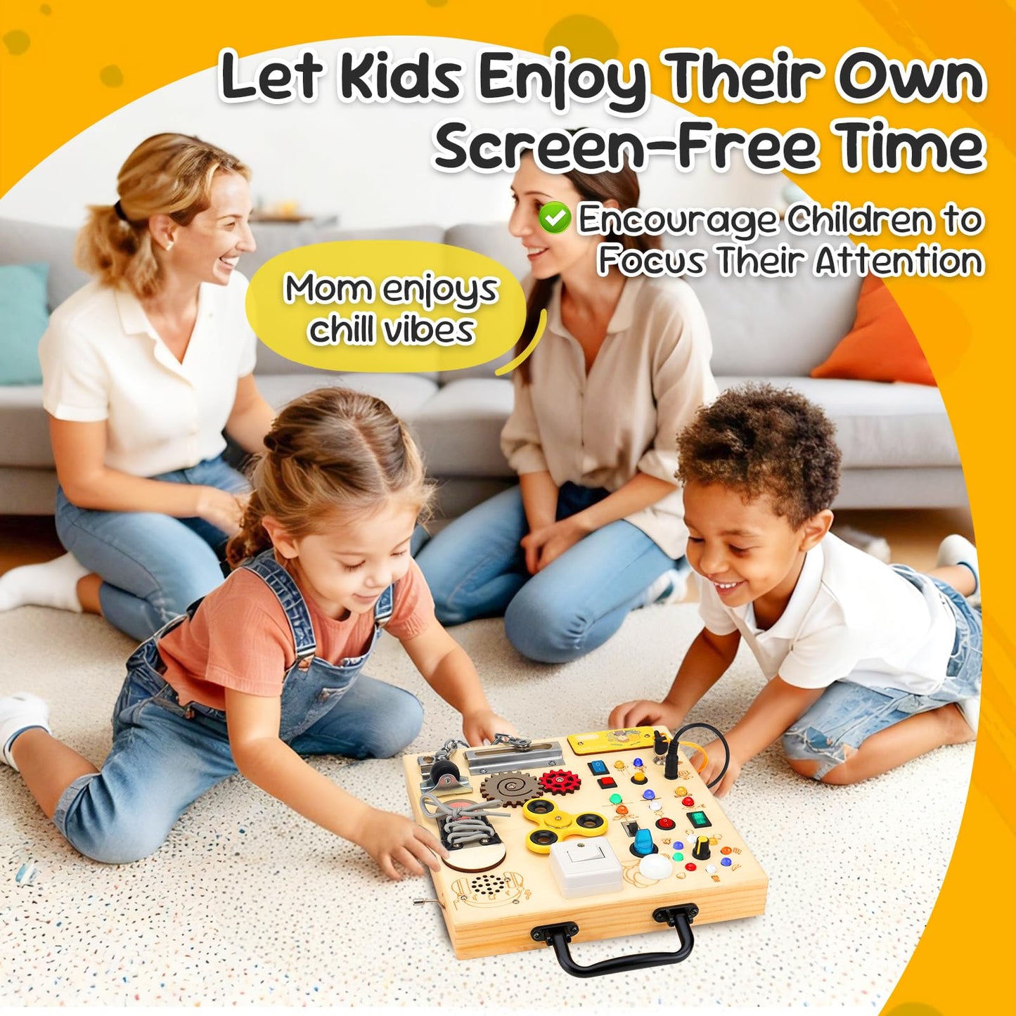 Wooden Busy Board with LED Light，Montessori Baby Learning Toys for Toddlers , Sensory Activity Board , Travel Educational Toy Boy & Girl Birthday Gift (Black Handle)