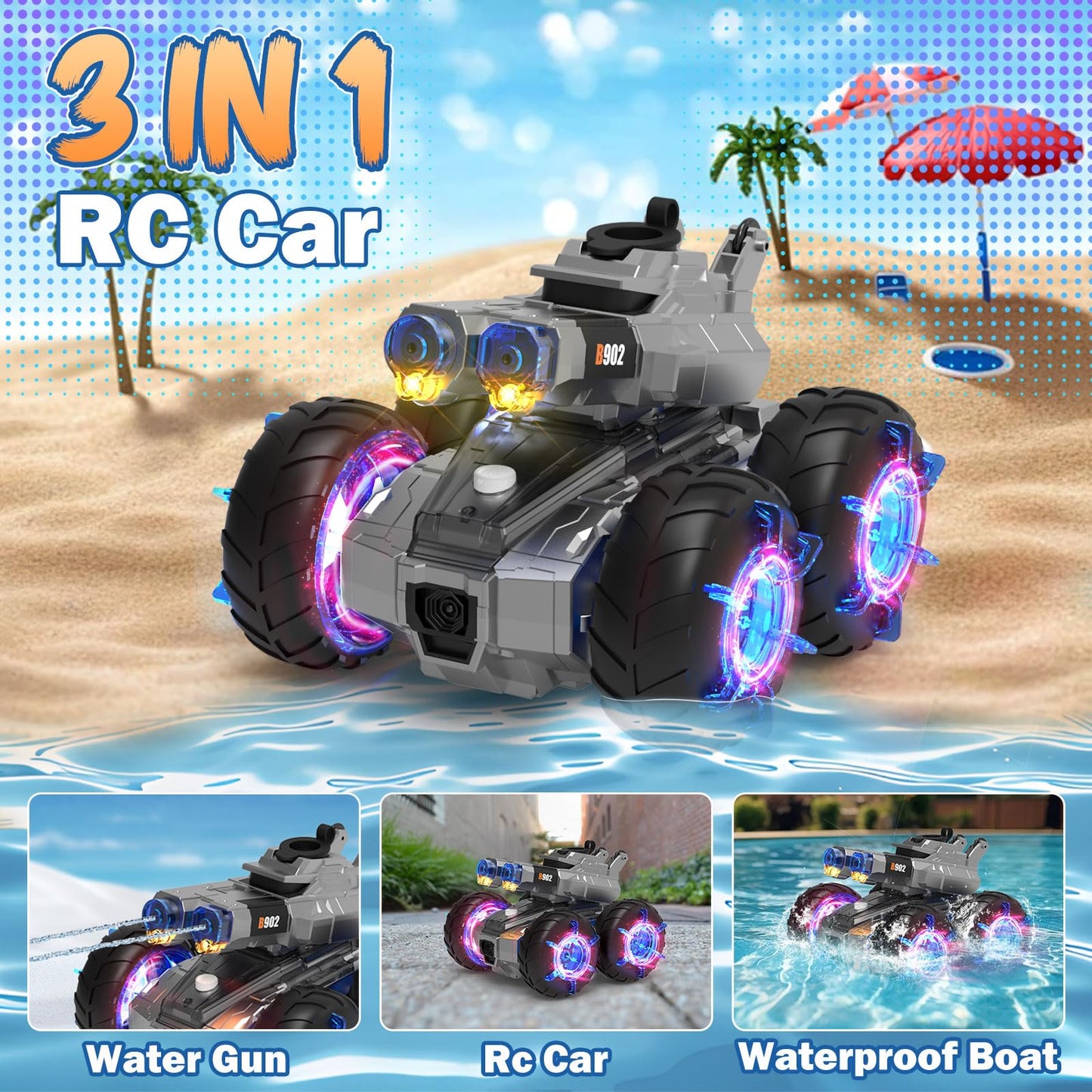 Amphibious Remote Control Car with Water Gun,Waterproof Monster Truck Rc Boat Water Tank Swimming Pool Toys,Gesture Sensing RC Stunt Cars,Birthday Gifts for Boys Girls Teens 8 9 10 11 12 13+ yrs