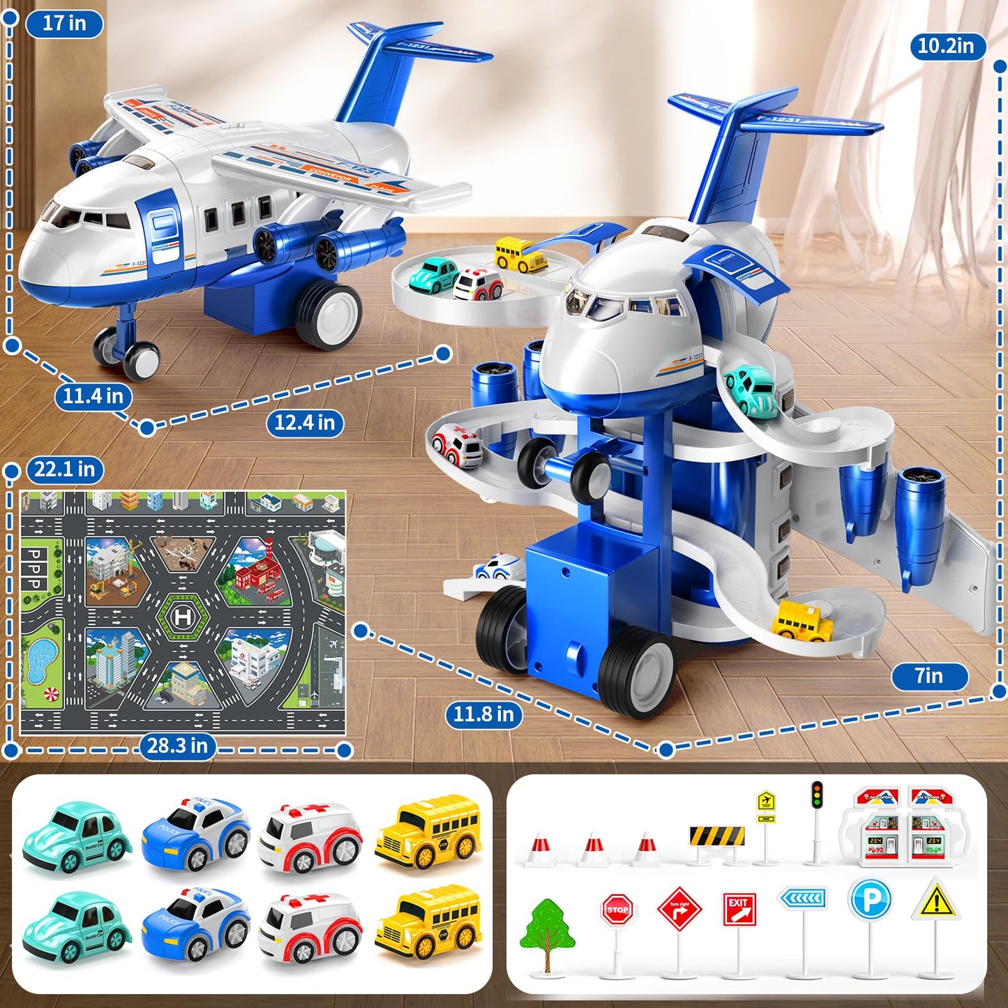 MSKOLER Airplane Toys for Toddlers 2-4 - Boy Toy Car Race Tracks for Kids Ages 3-5 with 8 Small Car Toys, Toddlers Educational Toy, Birthday Gifts for Boys 3-5
