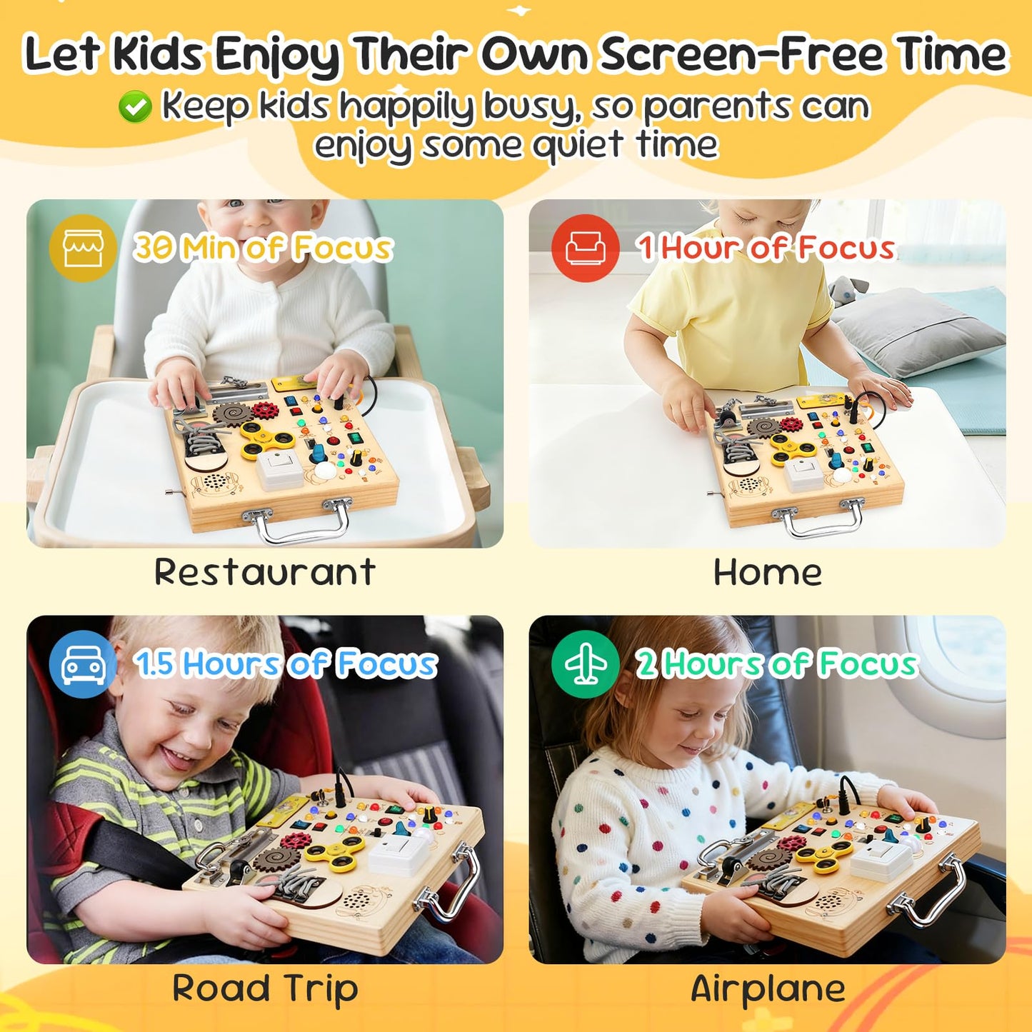 Wooden Busy Board with LED Light Montessori Baby Learning Toys for Toddlers , Sensory Activity Board, Travel Educational Toys, Boy & Girl Birthday Gift (Silver Handle)