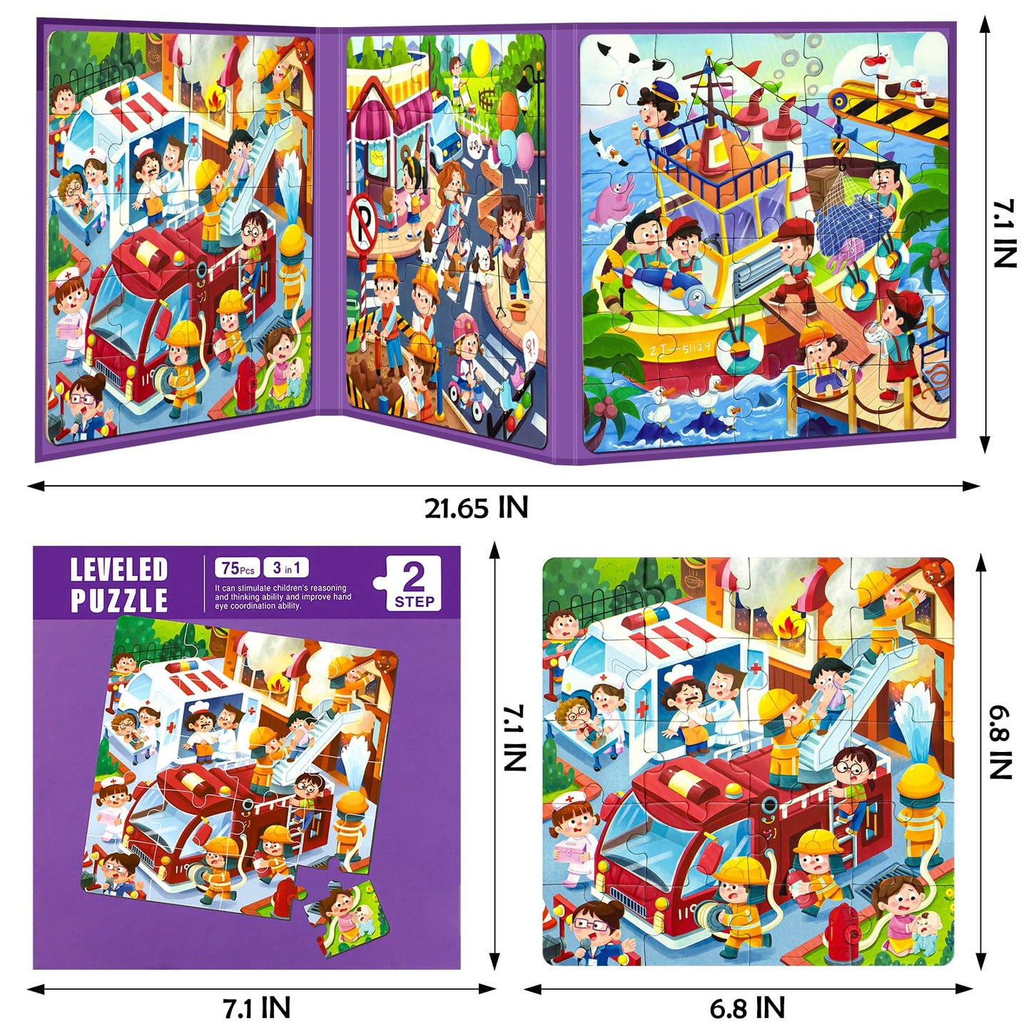 Magnetic Puzzles for Kids Ages 4-8, 3 in 1 Toddlers Cartoon Magnet Jigsaw Puzzle Book, Travel Toys, Preschool Learning Toy for Ages 3-8 (Purple Squad)