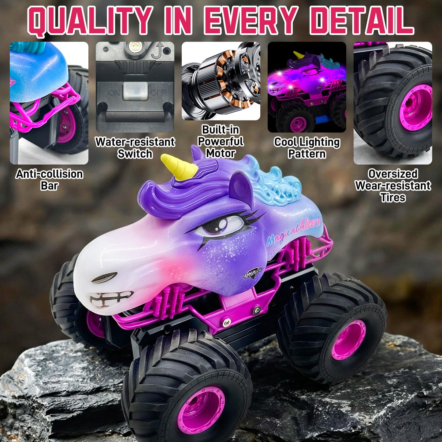 Unicorn RC Car for Girls 1:18 Amphibious Off-Road Remote Control Truck with LED Lights All-Terrain Monster Vehicle 2.4GHz High Speed Crawler Hobby Toy with 2 Batteries Birthday Gift Toys for Kids 6-12