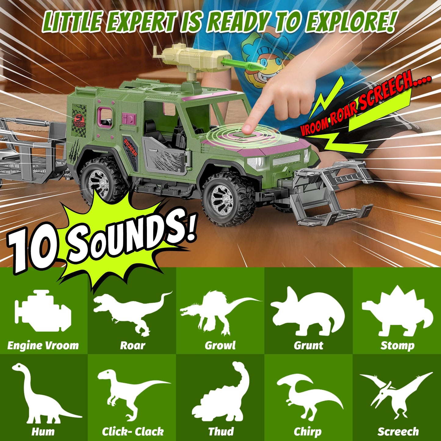 EKU Dinosaur Toys Rescue Truck with Human, 10 Realistic Sounds, 15ft Launch, Clamp, Chomping T-Rex Dinosaur for Jurassic World Role Play Transport Adventure Playset for Kids 3+