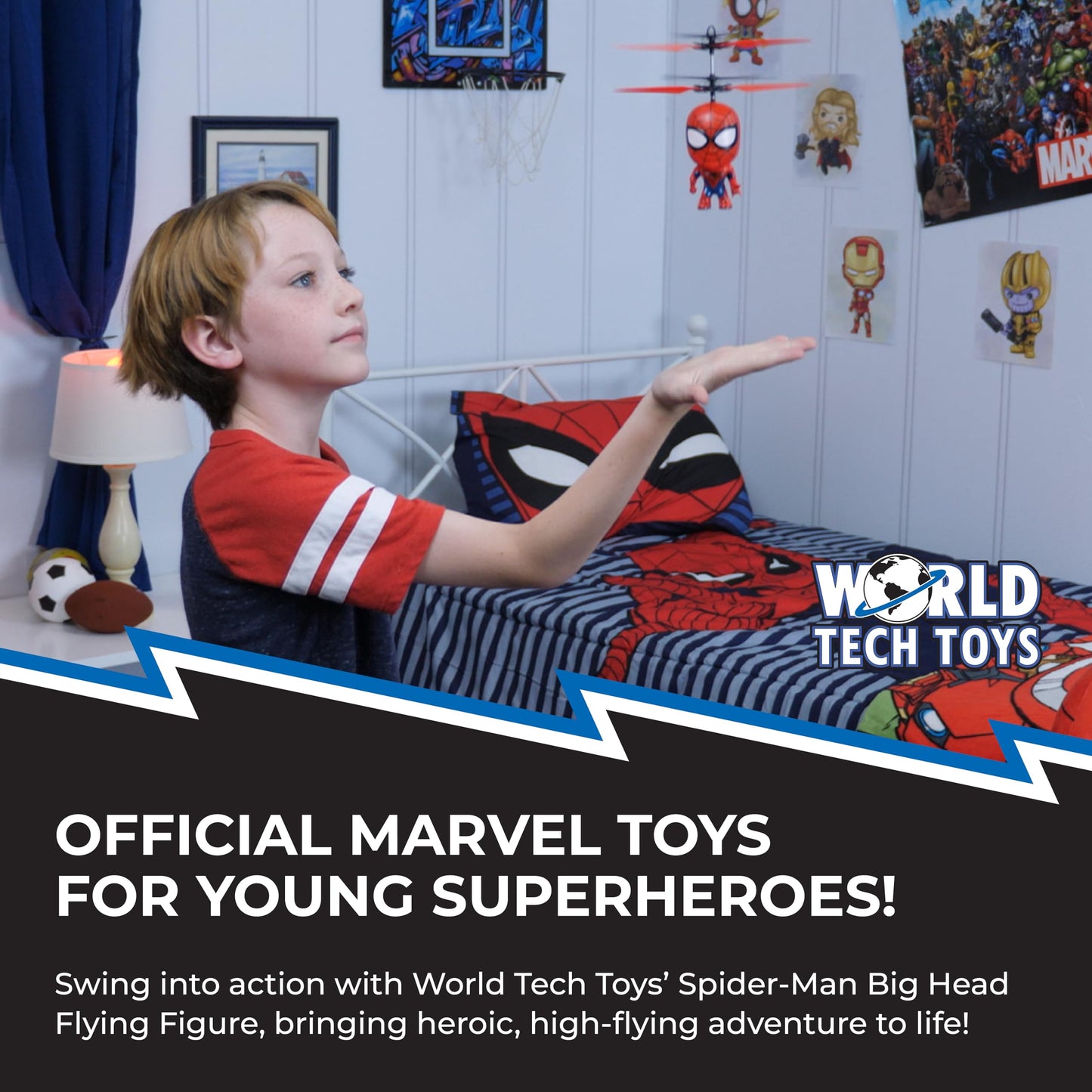 World Tech Toys Marvel Spider-Man Big Head Helicopter Toy – Motion Sensored Flying Toy for Kids - Marvel Licensed - Kids 6+
