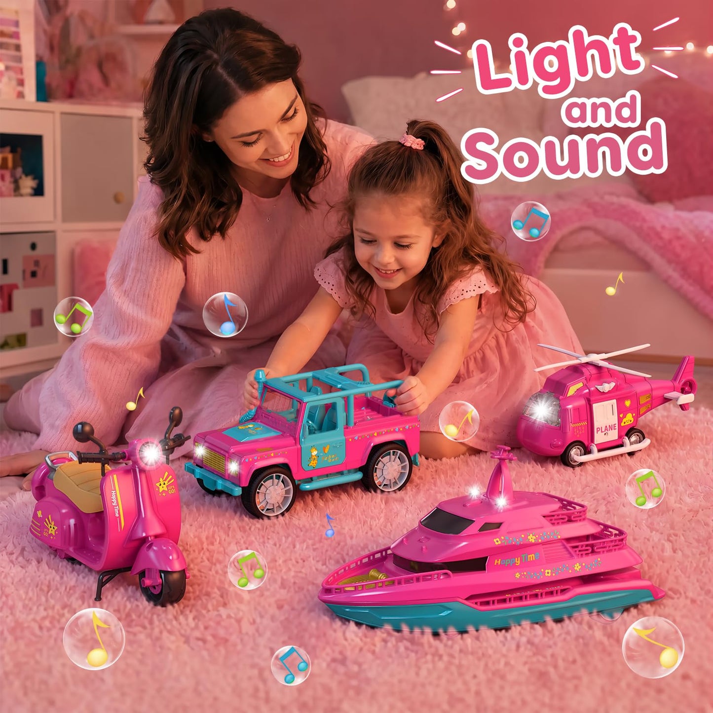 Eviboy 10-in-1 Car Toys Set, Battery-Powered Vehicle Toys with Lights & Sounds, Includes Off-Road Vehicle, Yacht, Motorcycle & Helicopter, Perfect Birthday for Girls Ages 3-6（Pink）