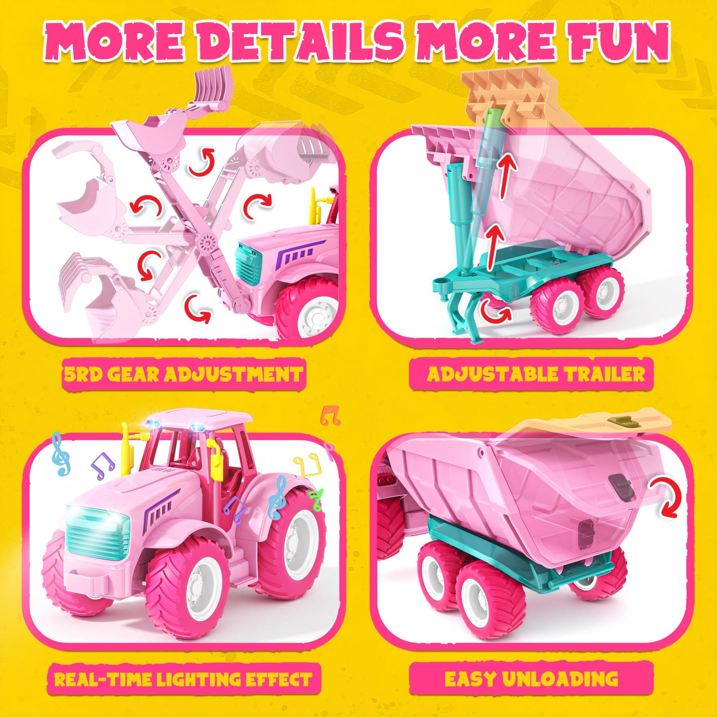 Funwee RC Farm Tractor Toy w/Light & Music, Kids Trailer Toy w/Front Loader & Farm Animal, 2.4GHz RC Tractor Truck Car for Boys & Girls, Toddler Vehicle Playset Age 3-8+ Year Old Gifts (Pink)