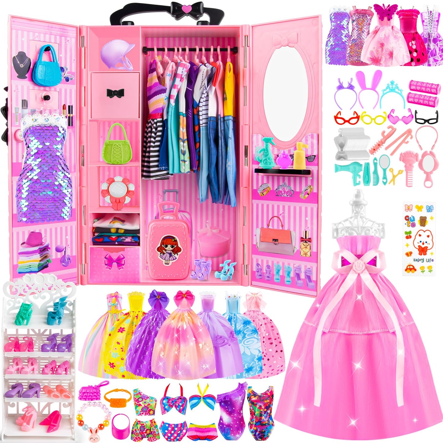 137 Pcs Doll Closet Playset Clothes and Accessories for 11.5 Inch Dolls, Included Princess Dresses,Fashion Dresses,Casual Clothing,Swimsuits,Bags,Shoes,Doll Dress up Toys for Girls Kids Toddlers Gifts