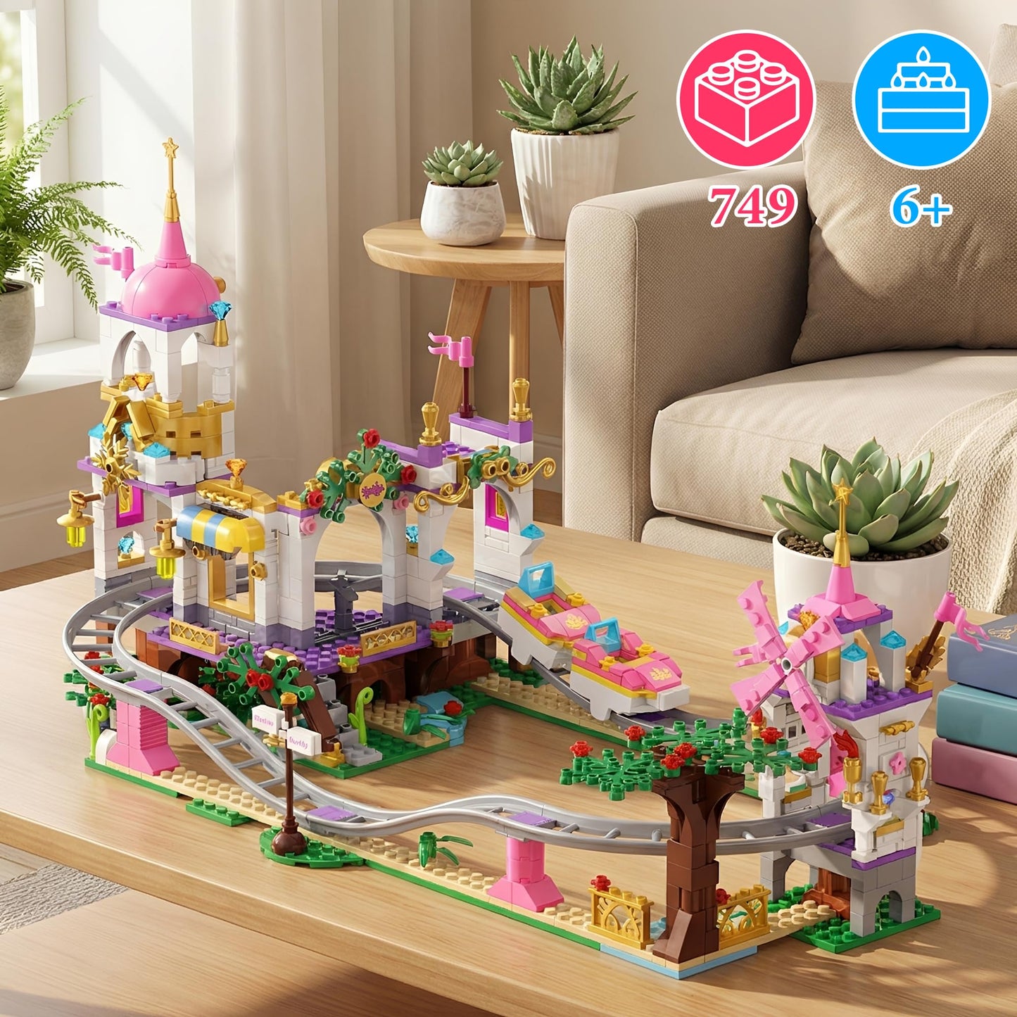 Leyic 2 in 1 Castle Roller Coaster Building Set, 749 Pcs STEM Amusement Park Construction Kit for Kids, Pink Playground Blocks Birthday Gift Toys for Girls Ages 6 8-12