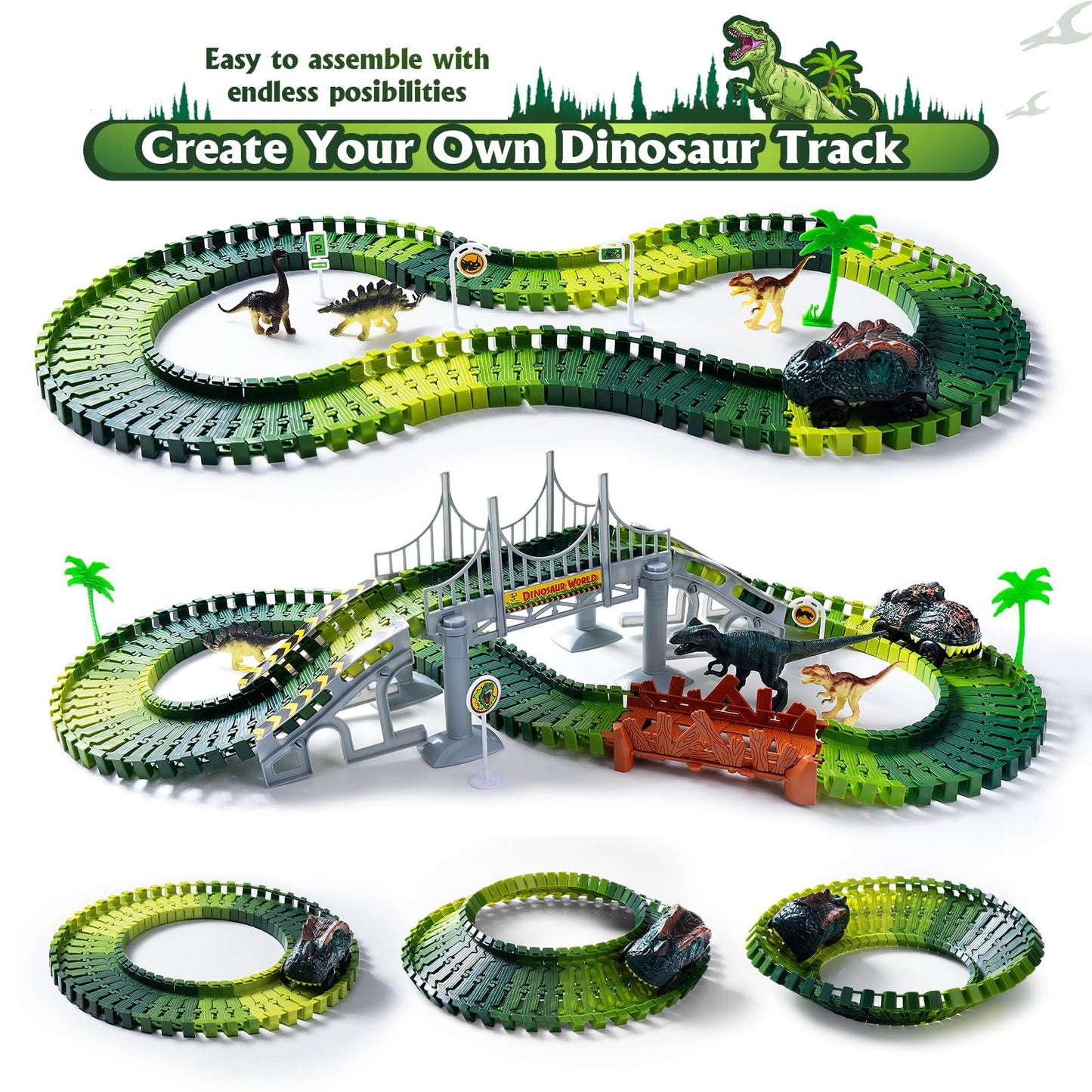 268 PCS Race Tracks Dinosaur Toys for Kids 3-5, Glow in The Dark Magic Toy Set, 2 Dinosaur Cars Track, Flexible DIY Track Set, Birthday Gift for Age 3-9 Boys Toddler Girls