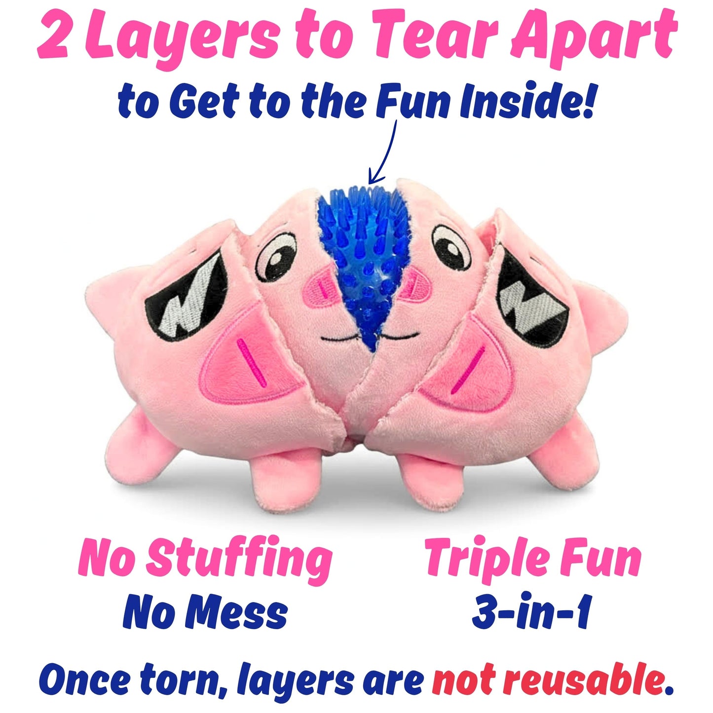 3 in 1 Squeaky Soft Plush Durable Dog Chew Toy for Aggressive Chewers, No Stuffing Interactive Tough Rip & Reveal Crinkle Pink Pig Ball in Gift Box, Puppy, Small & Large Breed Pets Birthday Present
