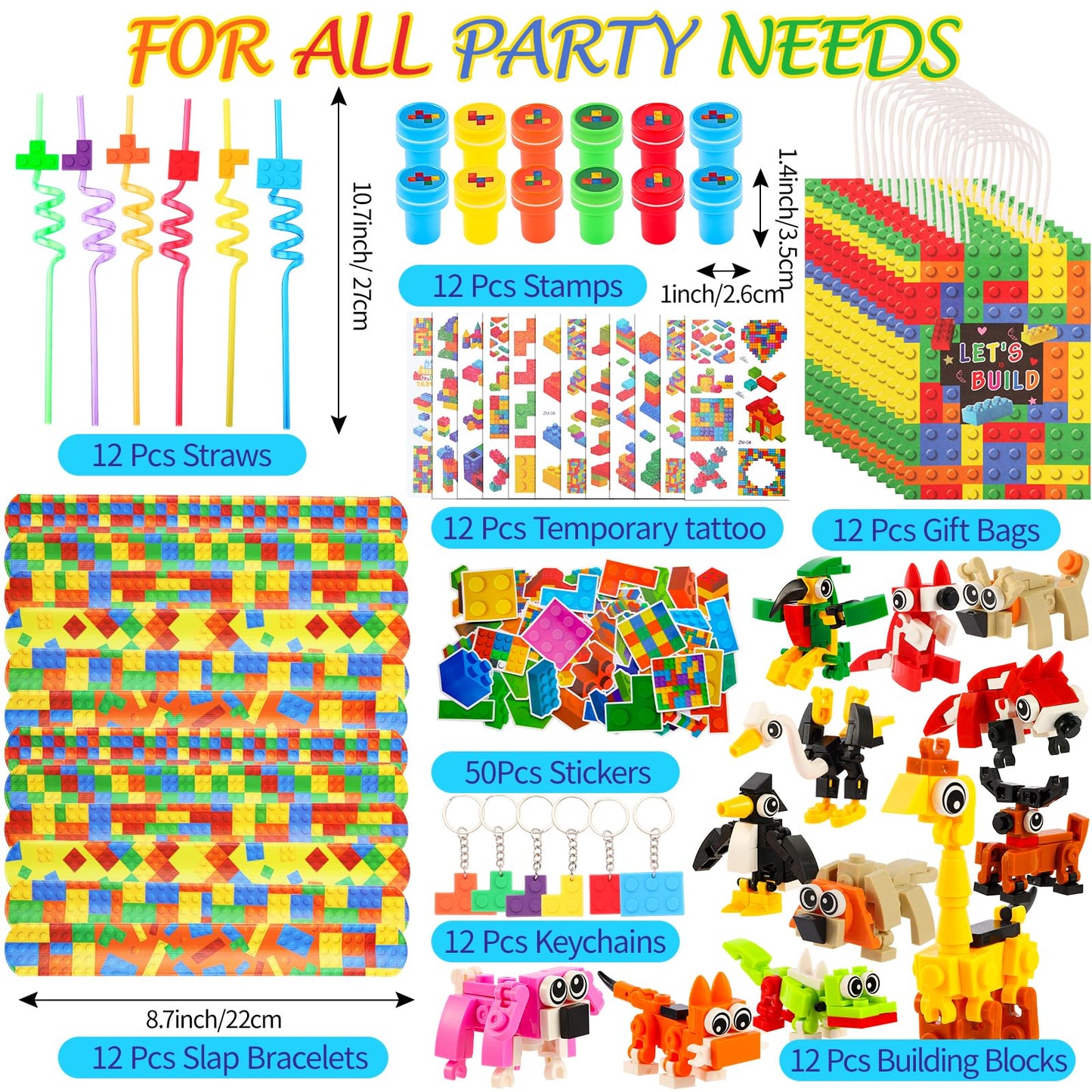 LiYiQ 134 Pcs Building Blocks Party Favors with Reusable Drinking Straws Animal Building Blocks Slap Bracelets Keychains Stamps Stickers and Gift Bags Gamer Birthday Party Supplies (Building)