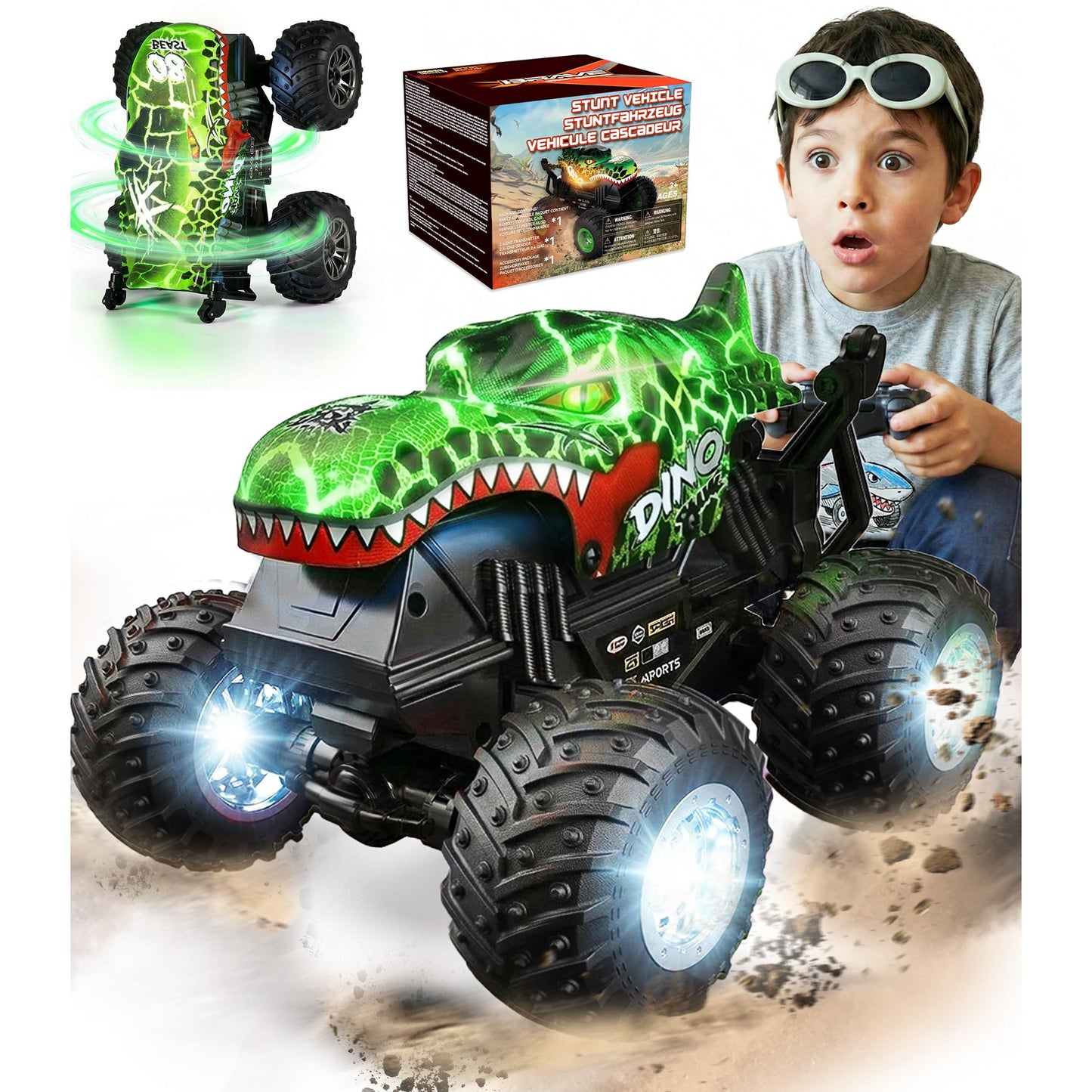 BEZGAR 1:20 Monster Truck Toys, 360°Stunt RC Cars Rotation Dinosaur Toys with Music, 2 Batteries and Wireless LED Strobe Lights, Remote Control Car for Boys 4 5 6 7 8 9 Years Old(Green)